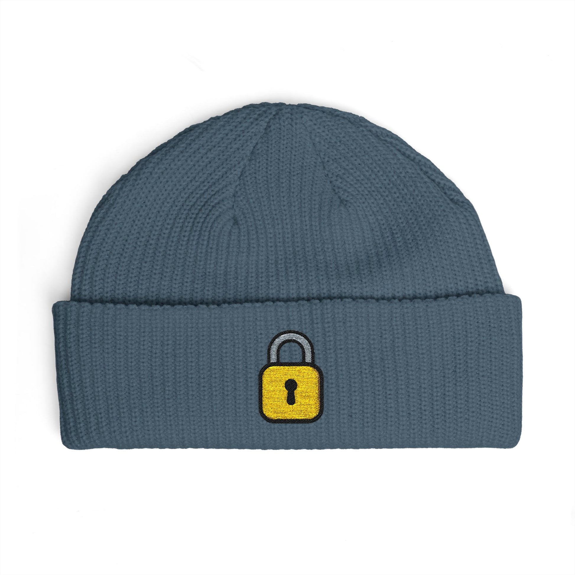 Embroidered Lock Cuff Beanie – Secure Padlock Knit Hat Hats Printify One size Petrol Blue