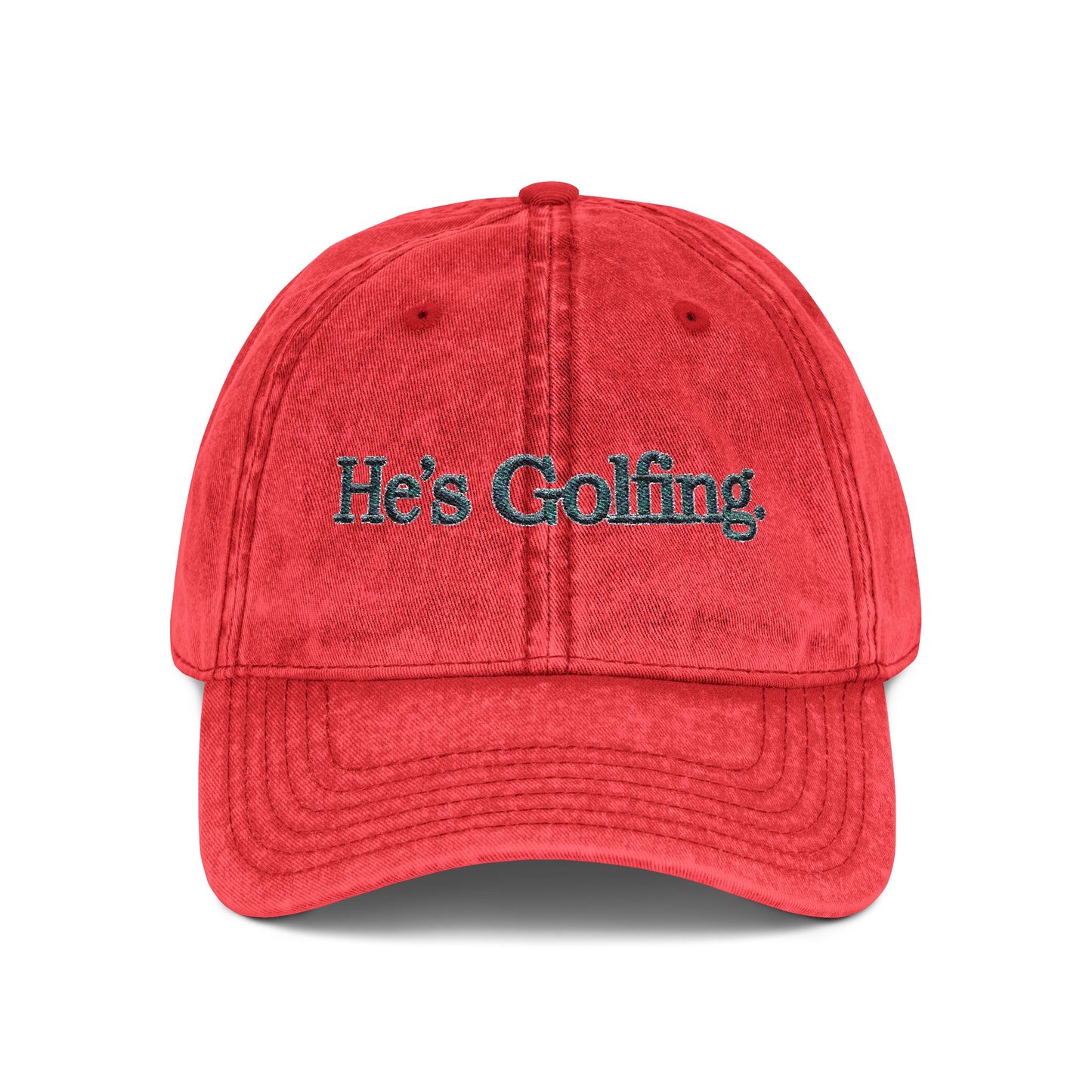 He’s Golfing Embroidered Vintage Cap — Washed Red Golf Dad Hat