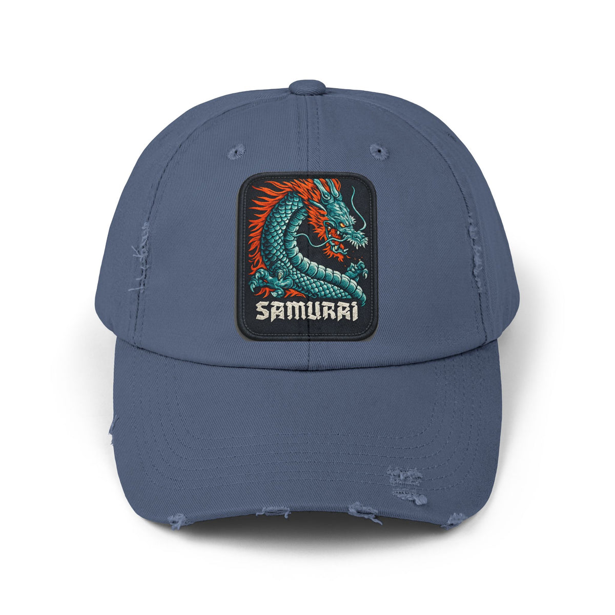 Distressed Samurai Dragon Cap — Vintage Retro Japanese Dragon Baseball Hat Hats Printify Scotland Blue One size