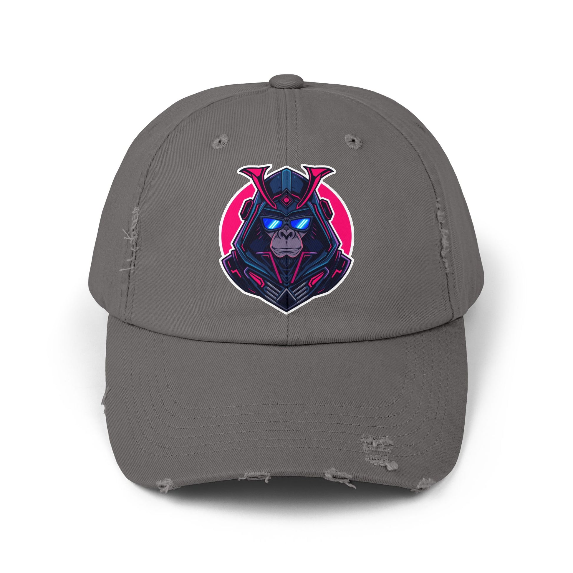 Samurai Skull Distressed Cap — Neon Retro Gamer Hat Hats Printify Nickel One size