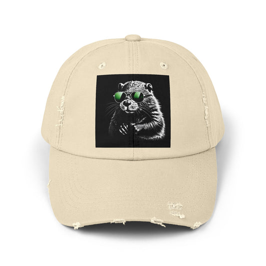 Distressed Cap — Cool Raccoon with Green Sunglasses Hat Hats Printify Stone One size