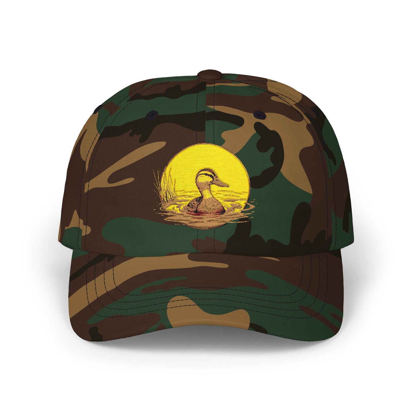 Duck Sunset Dad Cap — Embroidered Duck on Yellow Sun Baseball Hat Hats Printify Green Camo One size