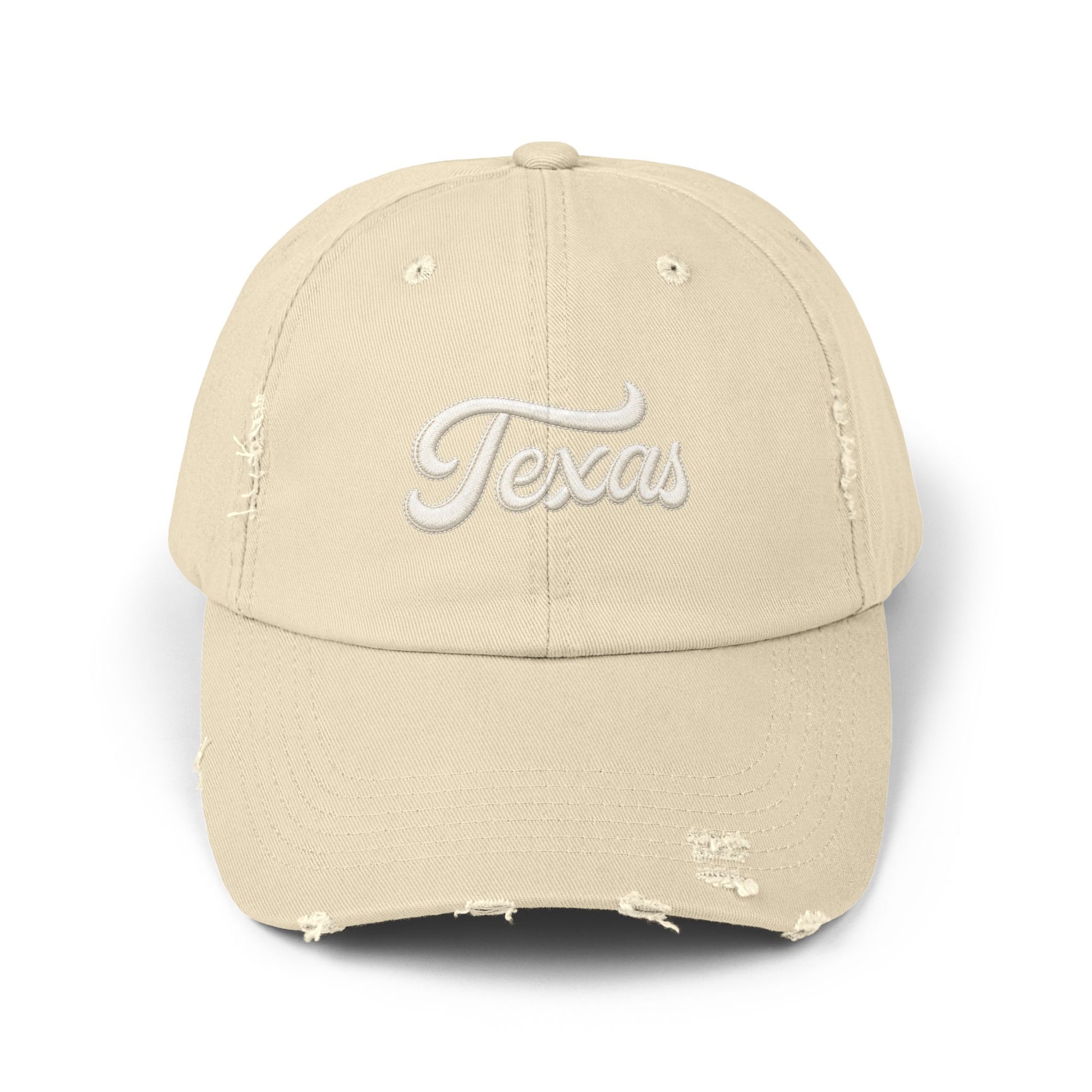 Texas Distressed Baseball Cap — Vintage Script Embroidered Hat Hats Printify Stone One size