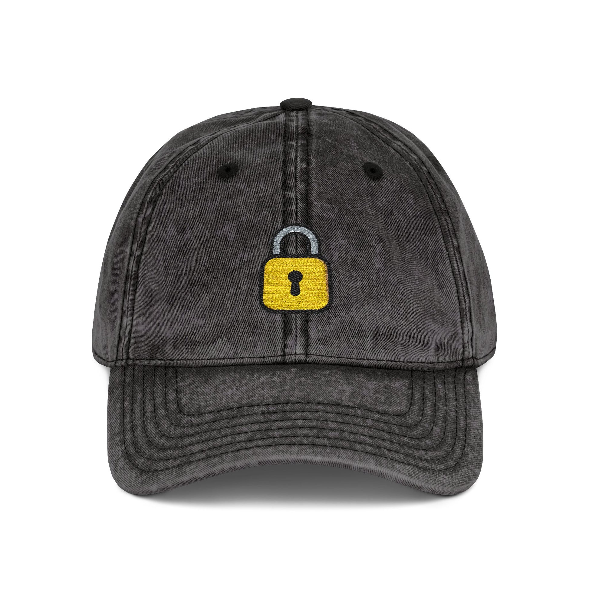 Embroidered Vintage Cap — Yellow Lock Patch Hat Hats Printify One size Black