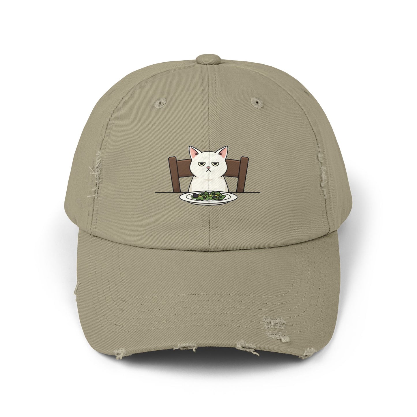 Distressed Cat At Dinner Cap — Cute White Cat Sitting at Table Baseball Hat Hats Printify Light Olive One size