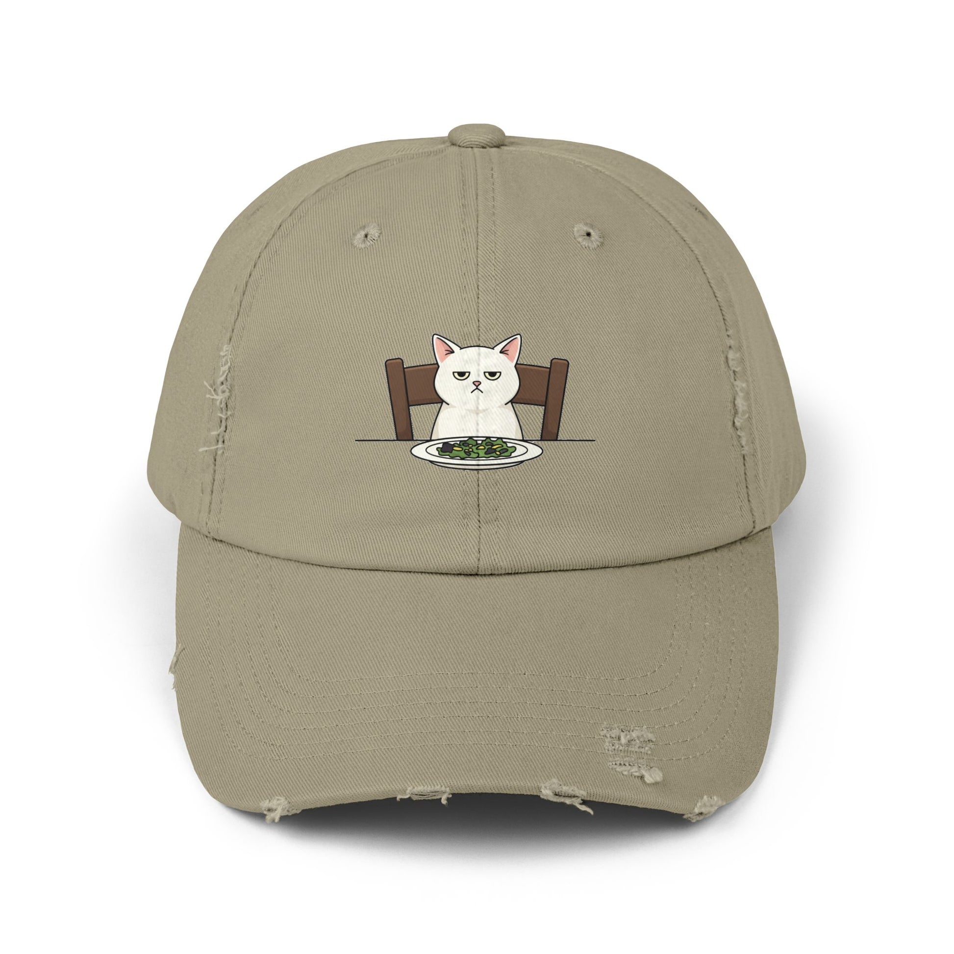 Distressed Cat At Dinner Cap — Cute White Cat Sitting at Table Baseball Hat Hats Printify Light Olive One size