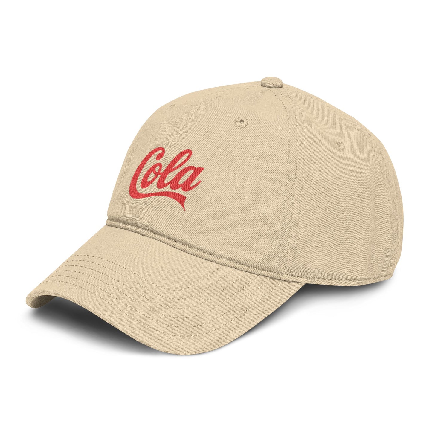 Washed Cotton Baseball Cap with Retro "Cola" Script Embroidery Hats Printify