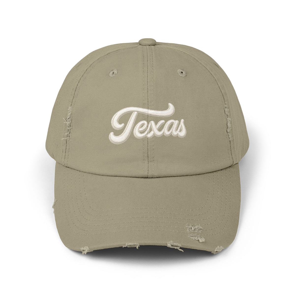 Texas Distressed Baseball Cap — Vintage Script Embroidered Hat Hats Printify Light Olive One size