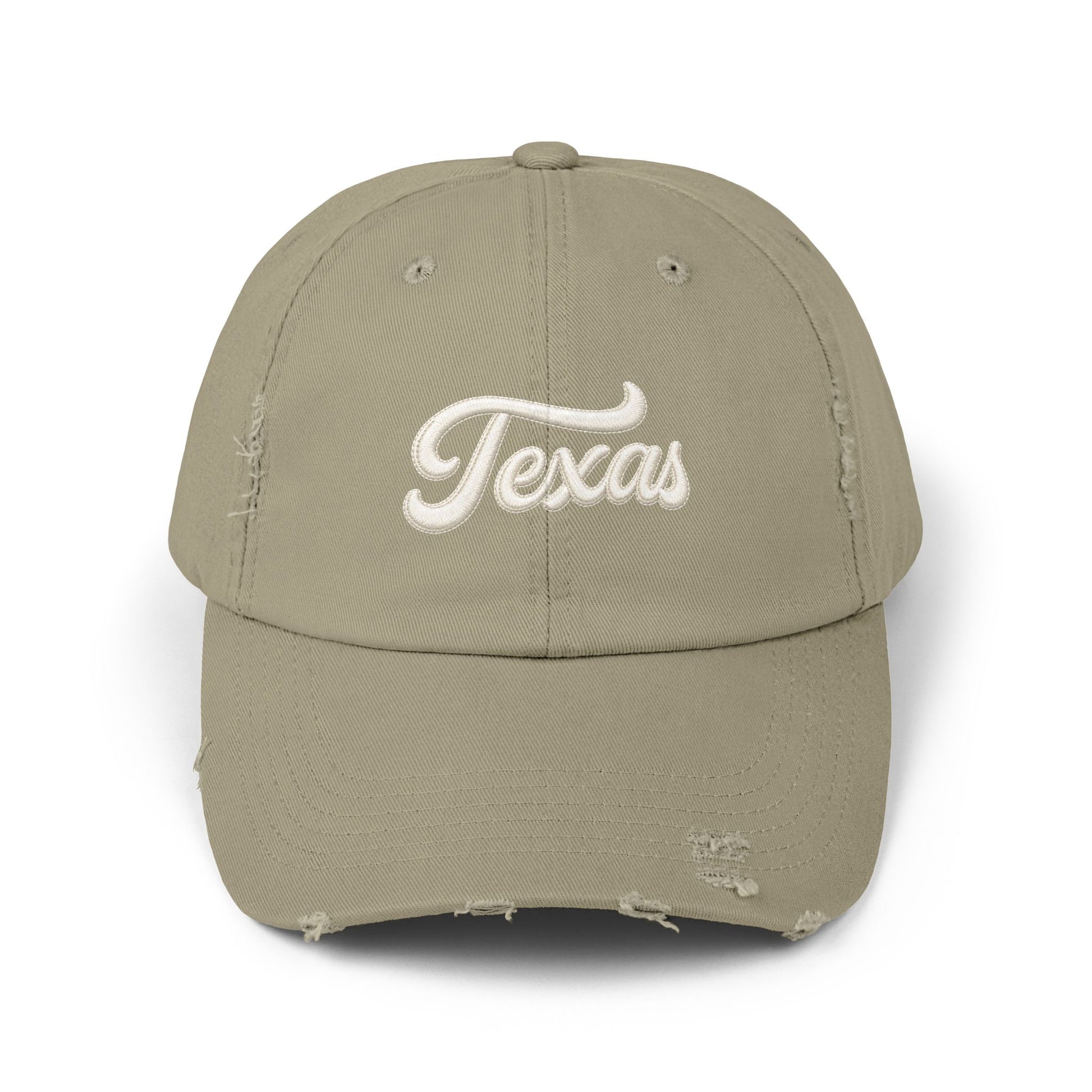Texas Distressed Baseball Cap — Vintage Script Embroidered Hat Hats Printify Light Olive One size