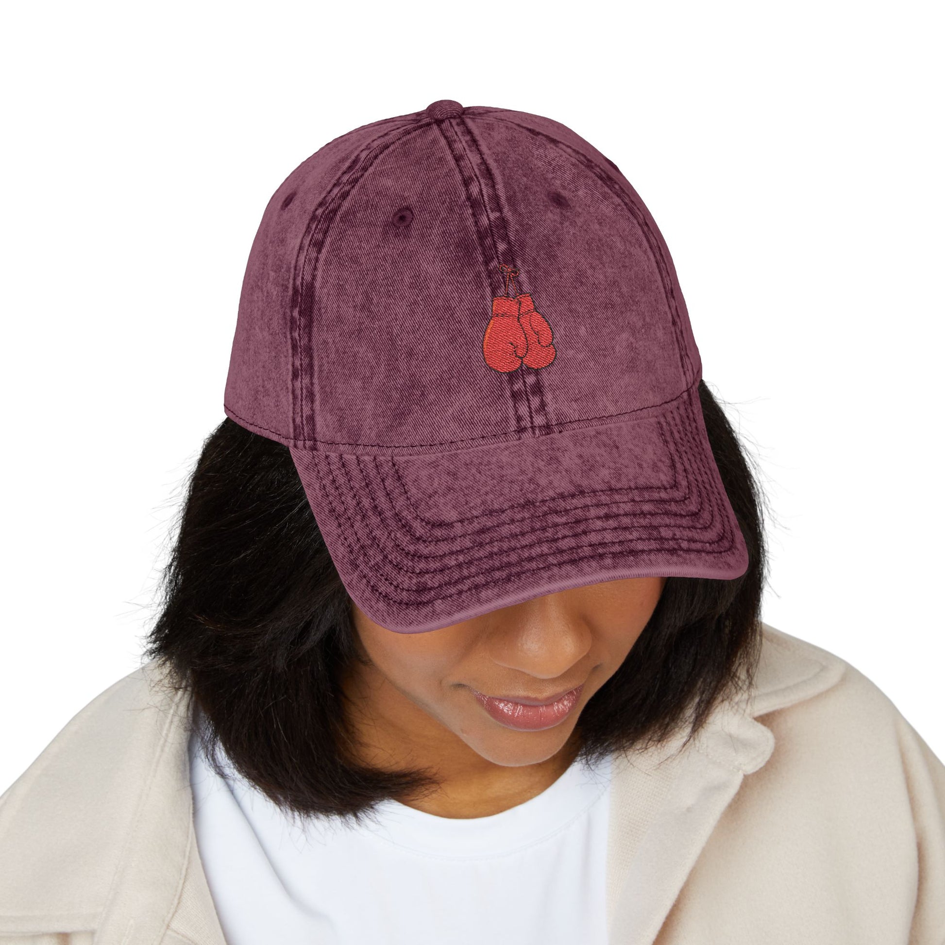 Embroidered Vintage Cherry Cap — Washed Grey Baseball Hat Hats Printify