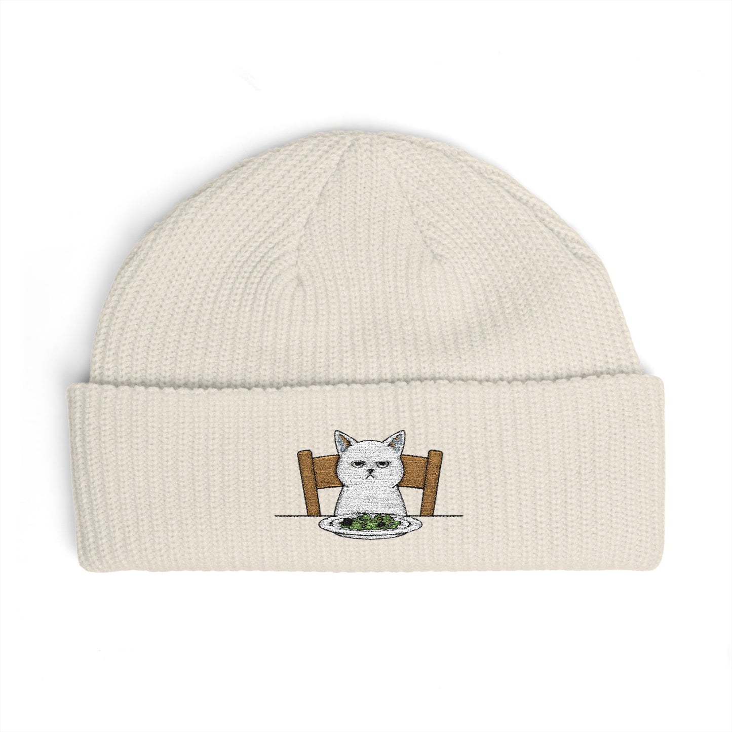 Cuffed Beanie with Embroidered White Cat on Chair – Cozy Cute Winter Hat Hats Printify One size Ecru