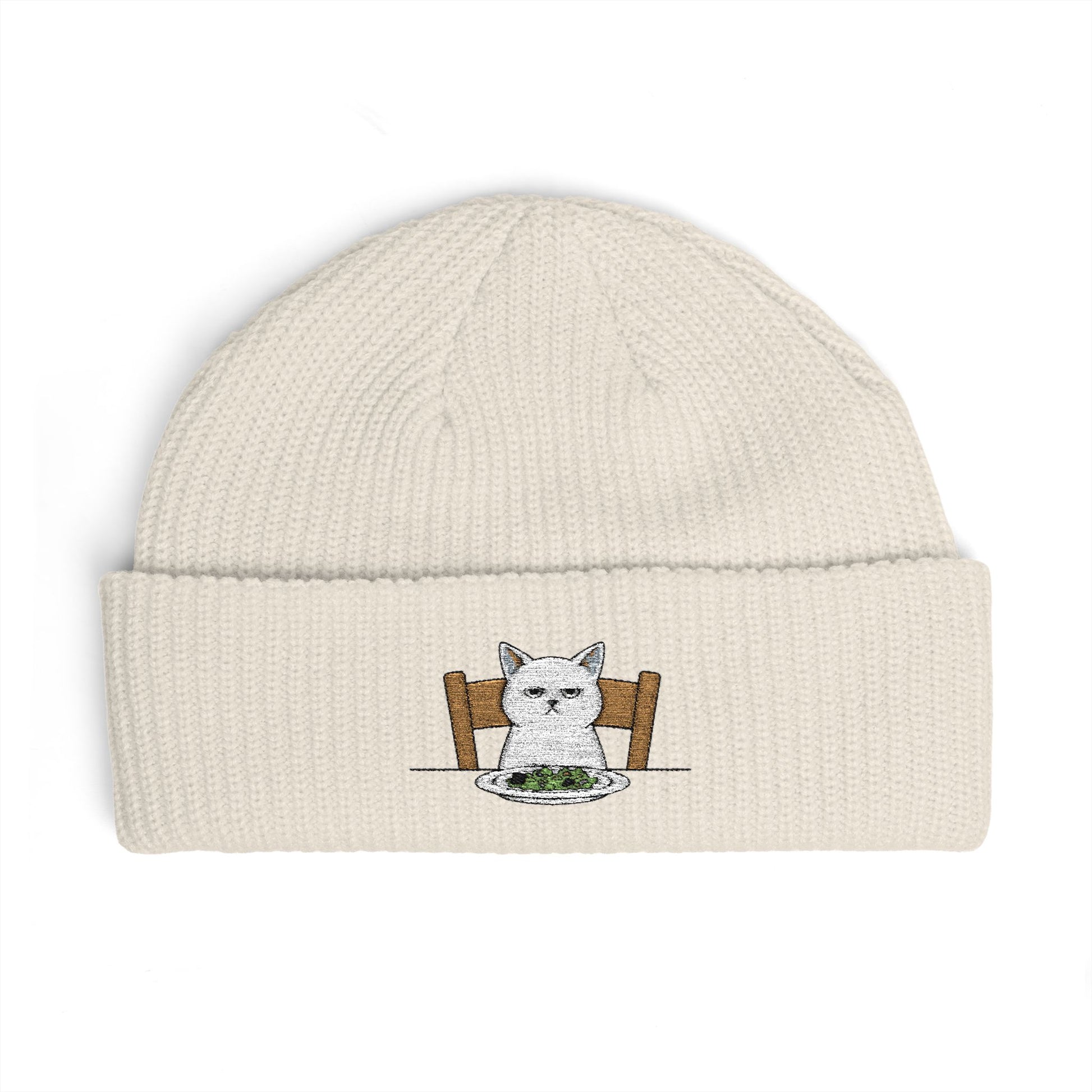 Cuffed Beanie with Embroidered White Cat on Chair – Cozy Cute Winter Hat Hats Printify One size Ecru