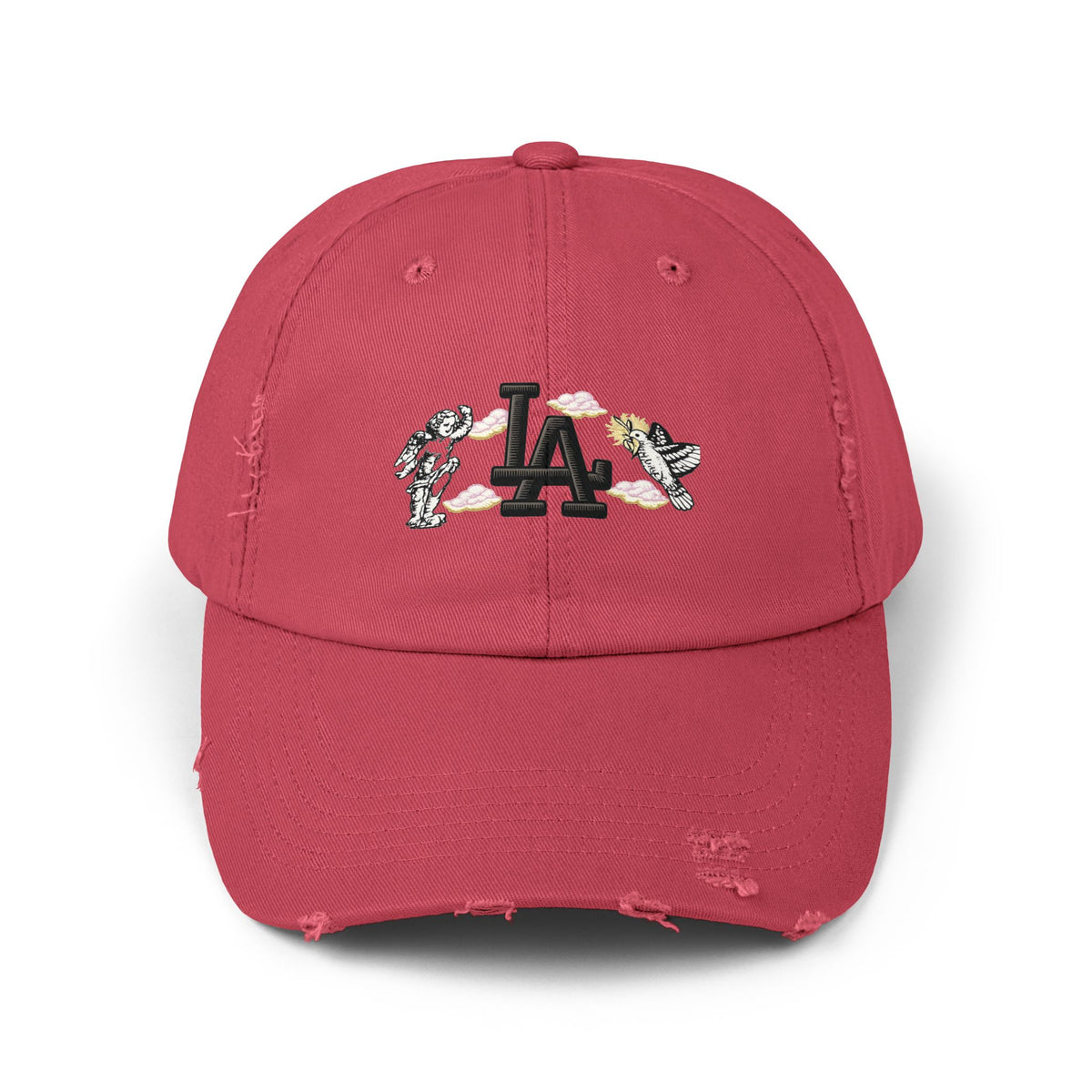 Distressed Baseball Cap — LA Logo with Angel Wings & Clouds Hats Printify Dashing Red One size