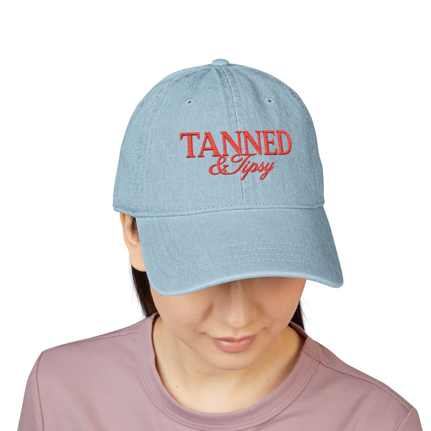 Tanned & Tipsy Embroidered Hat — Casual Denim Cap for Beach Days & Vacations