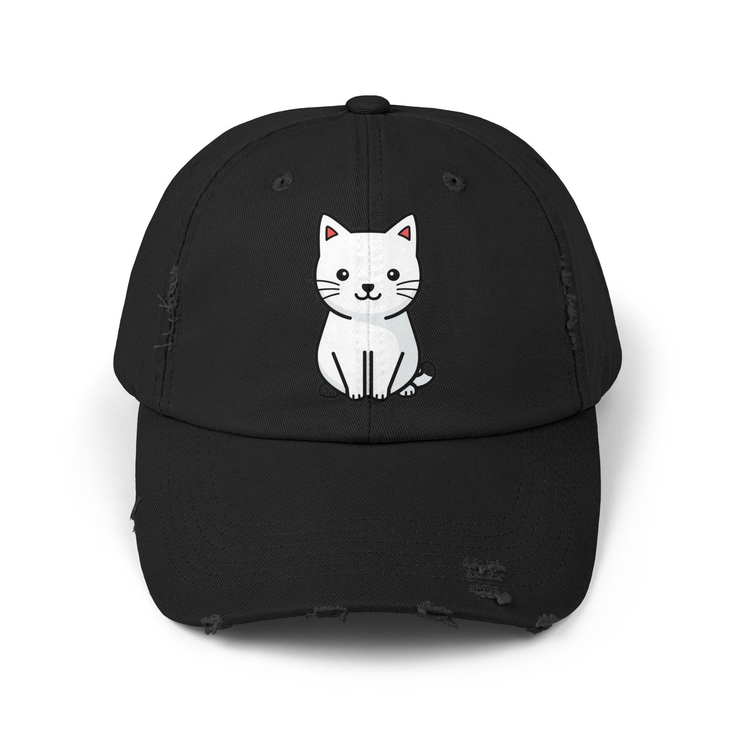 Distressed Black Cap with Cute White Cat Graphic Hats Printify Black One size