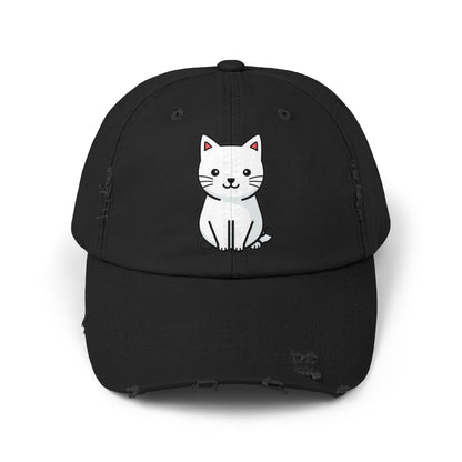 Distressed Black Cap with Cute White Cat Graphic Hats Printify Black One size