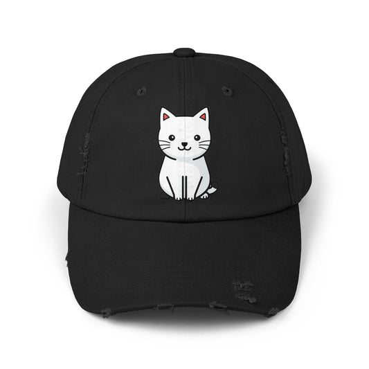 Distressed Black Cap with Cute White Cat Graphic Hats Printify Black One size