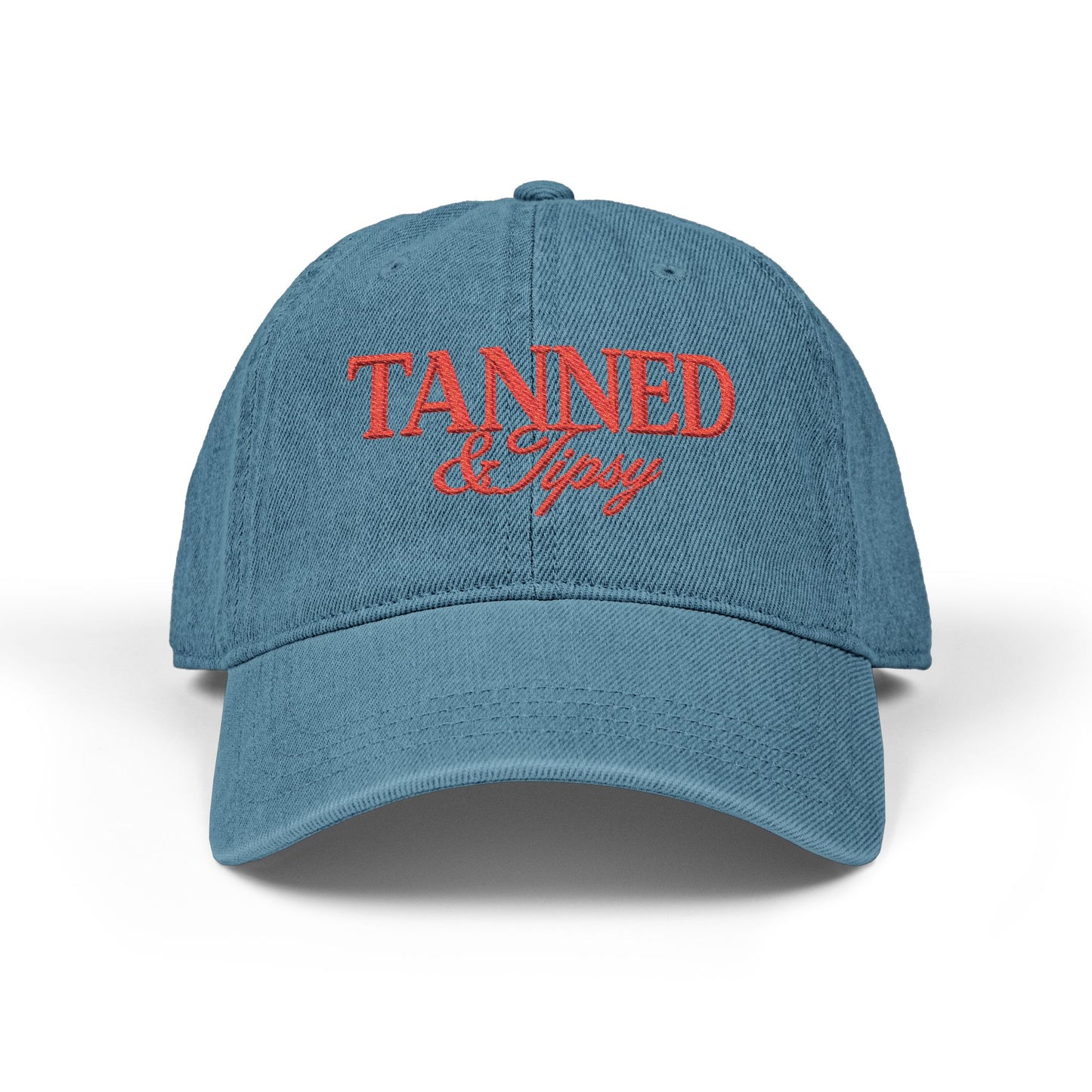 Tanned & Tipsy Embroidered Hat — Casual Denim Cap for Beach Days & Vacations