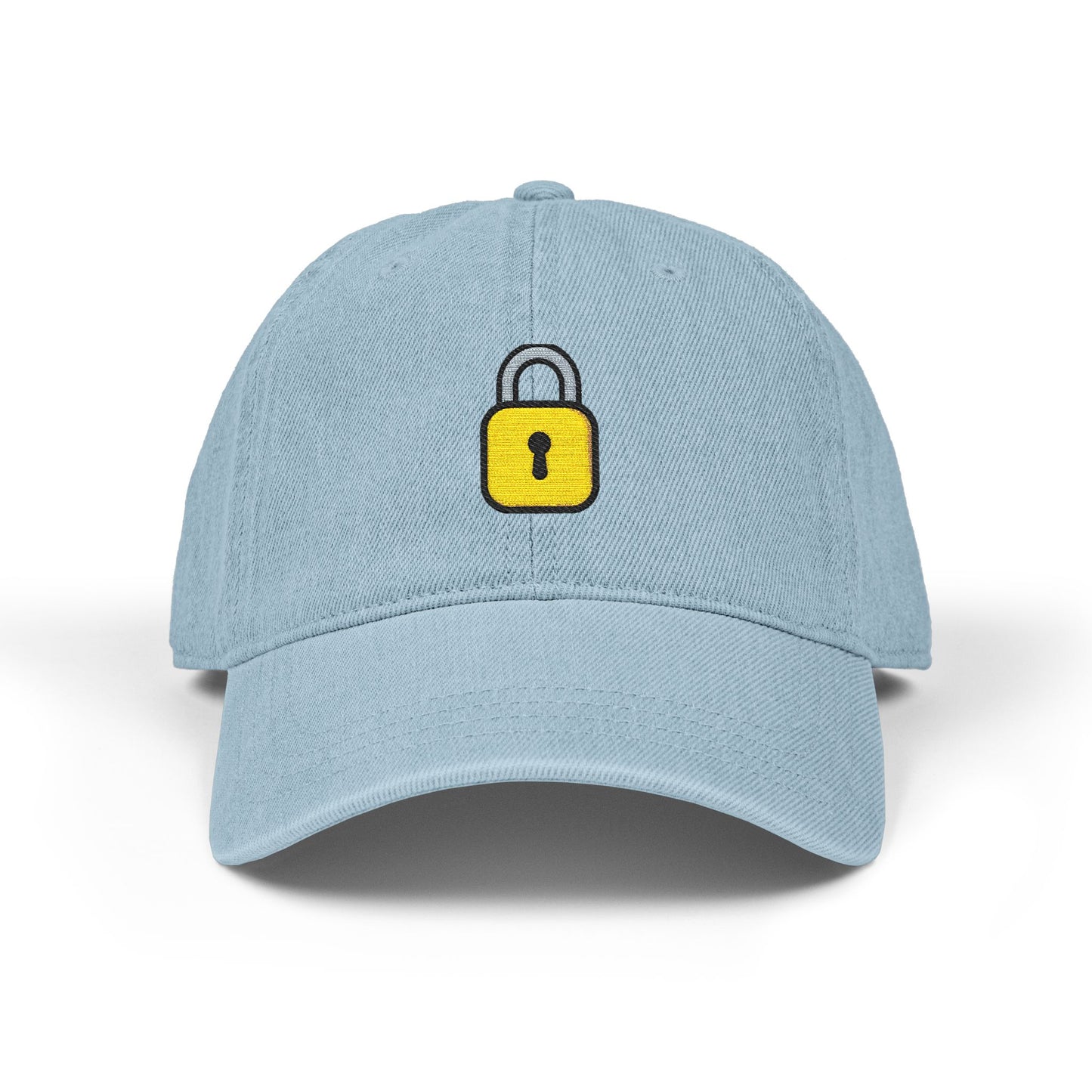 Embroidered Lock Denim Hat — Minimal Yellow Padlock Cap