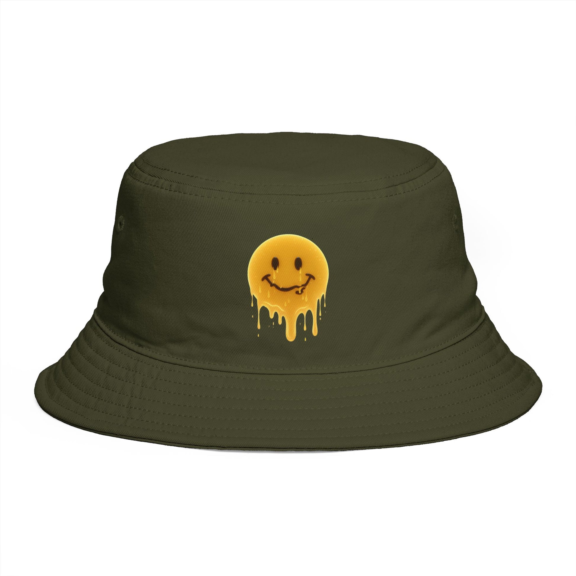 Smiley Drip Bucket Hat — Retro Melted Smile Face Sun Hat Hats Printify One size Army