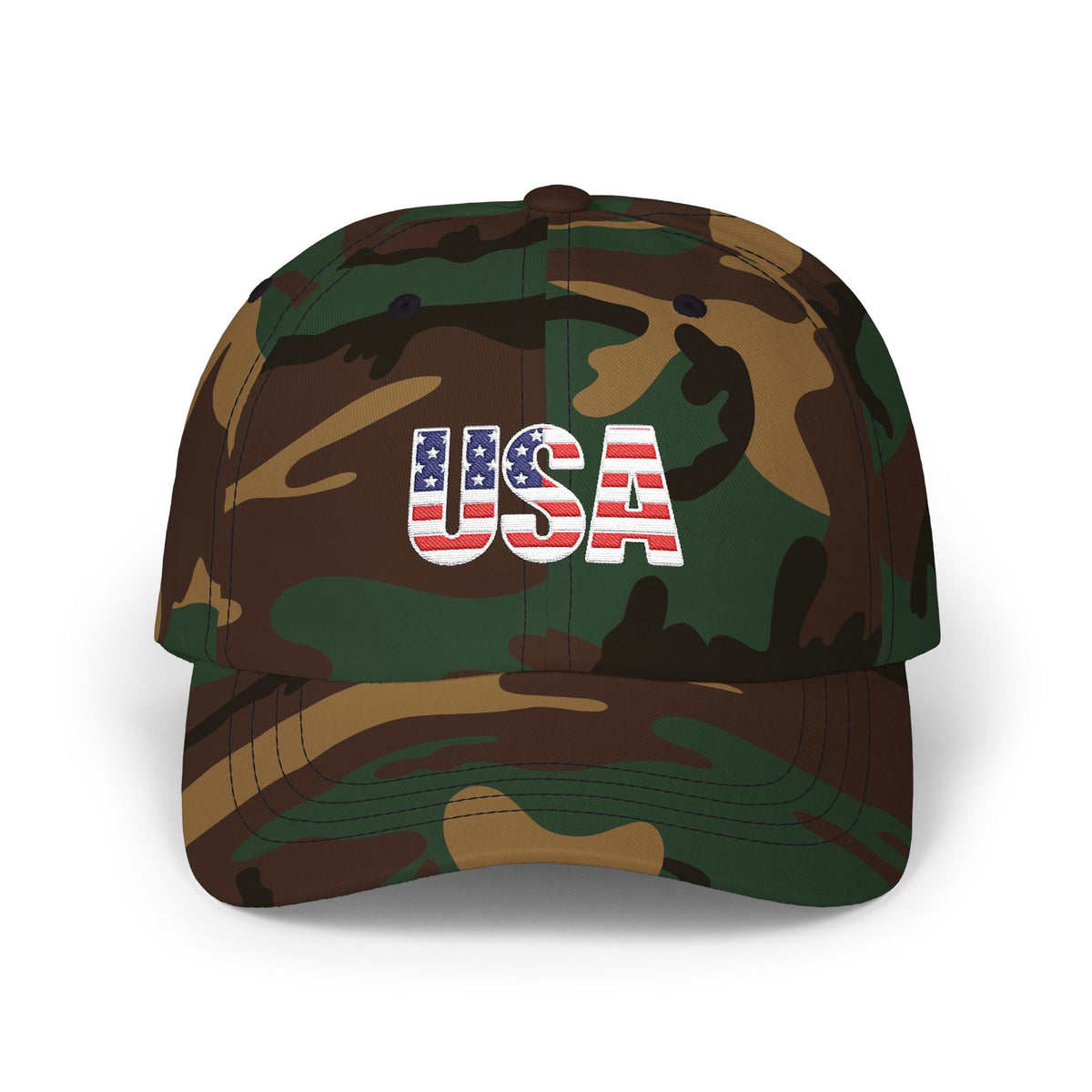 USA Flag Embroidered Dad Cap — Patriotic Classic Baseball Hat for Fourth of July Hats Printify Green Camo One size