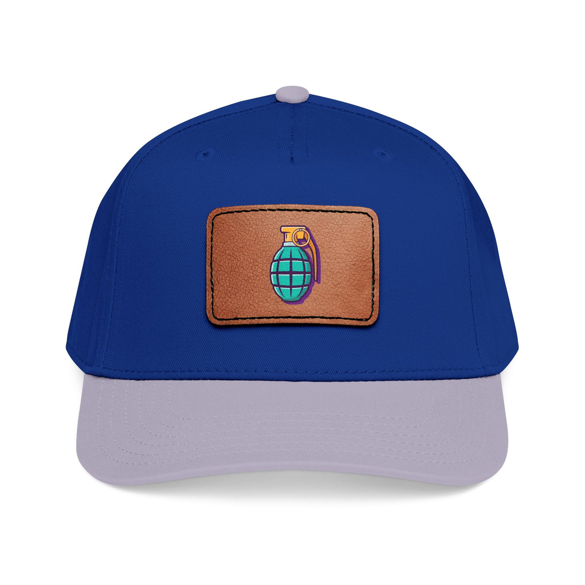 Leather Patch Baseball Cap — Retro Grenade Patch Hat Hats Printify One size Grey / Royal / Light Brown patch Rectangle