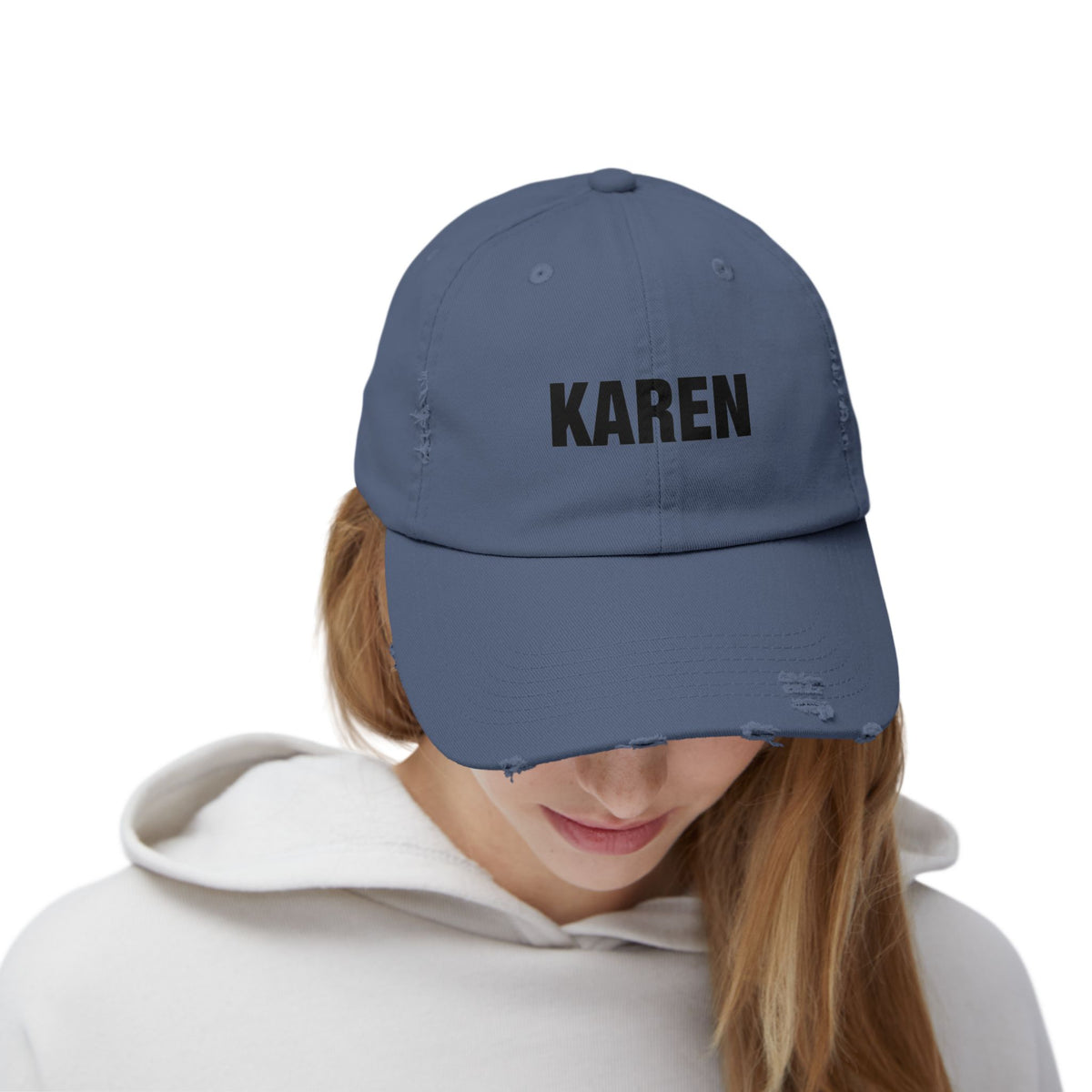 Distressed 'Karen' Baseball Cap — Black Embroidered Name Hat Hats Printify