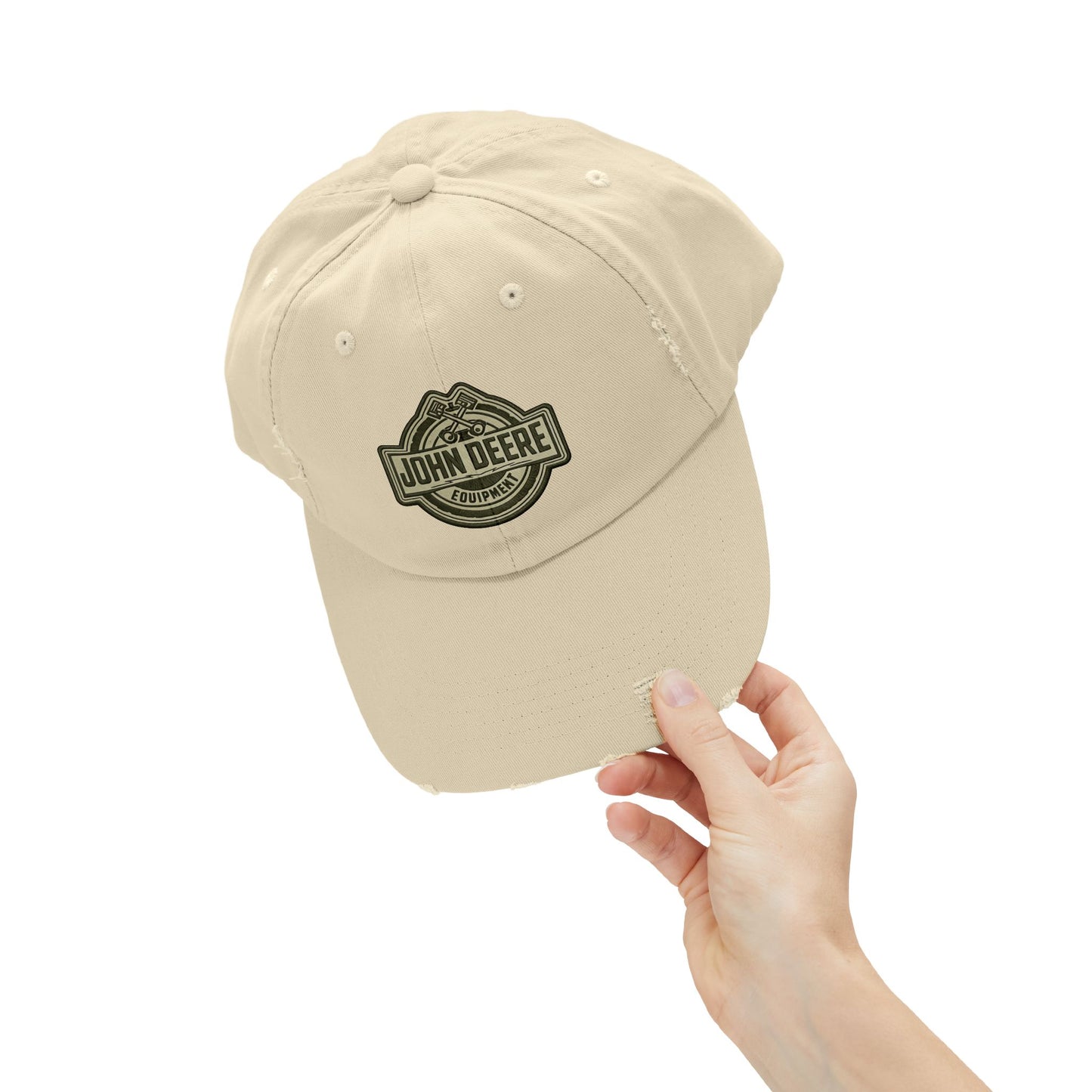 Distressed John Deere Logo Cap — Vintage Farm Equipment Baseball Hat Hats Printify
