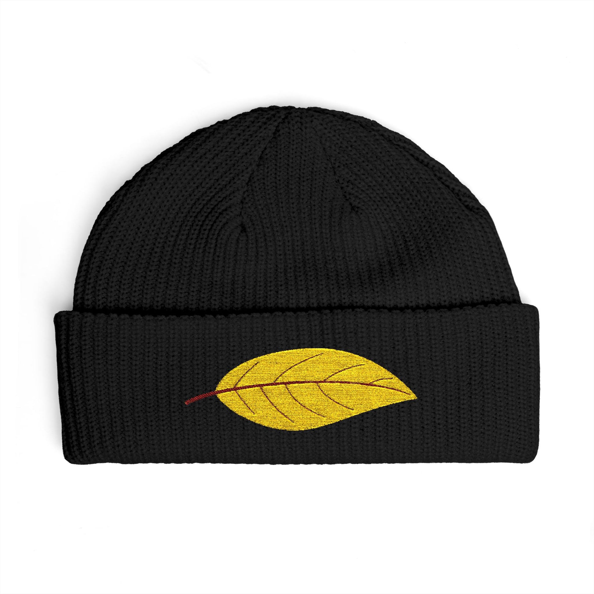Embroidered Golden Leaf Cuff Beanie Hats Printify One size Black
