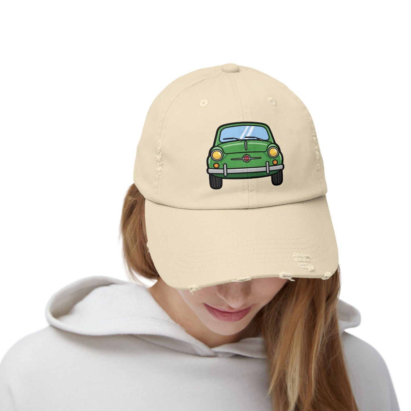 Distressed Cap — Retro Green Car Graphic Hat Hats Printify