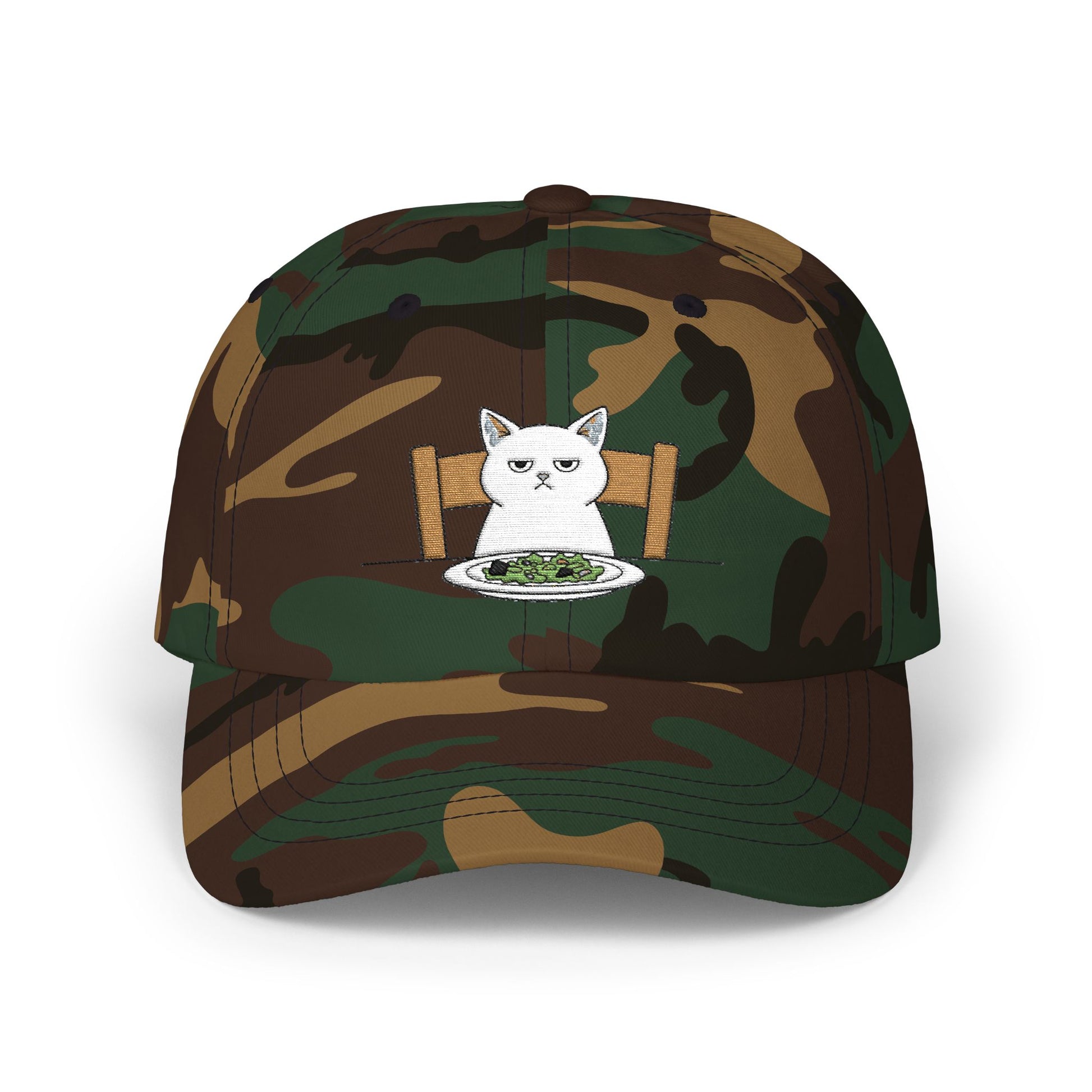 Dad Cap — Grumpy Cat at Dinner Embroidered Hat Hats Printify Green Camo One size
