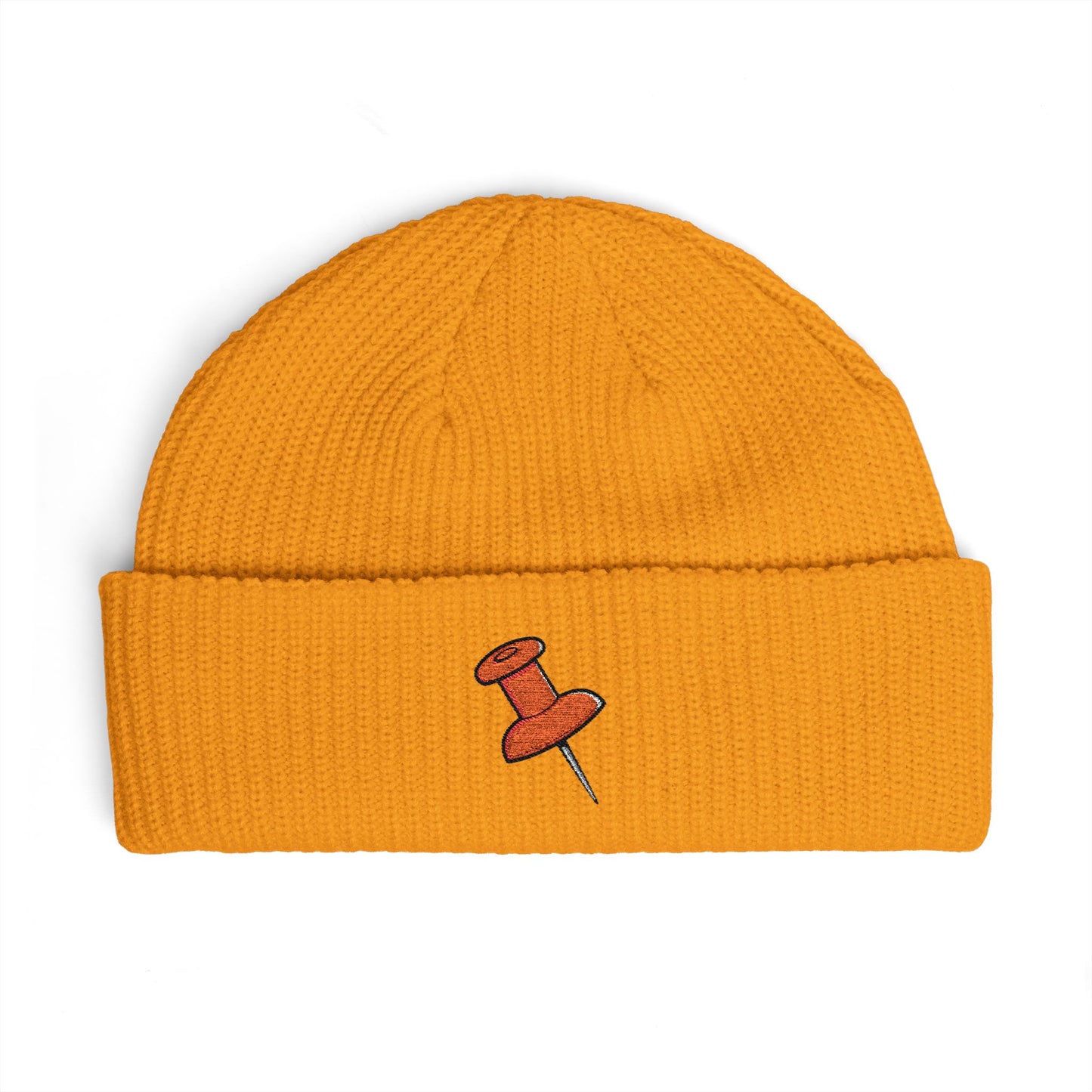 Cuff Beanie with Orange Pushpin Embroidery – Casual Streetwear Knit Hat Hats Printify One size Gold