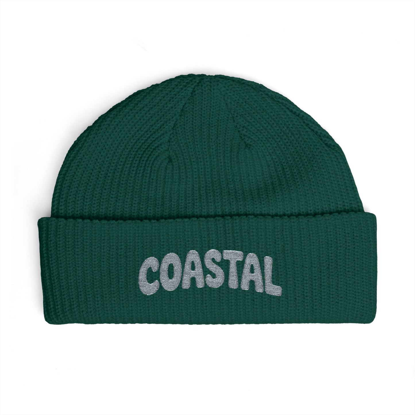 Coastal Cuff Beanie — Knit Winter Hat with 'COASTAL' Embroidered Seaglass Script Hats Printify