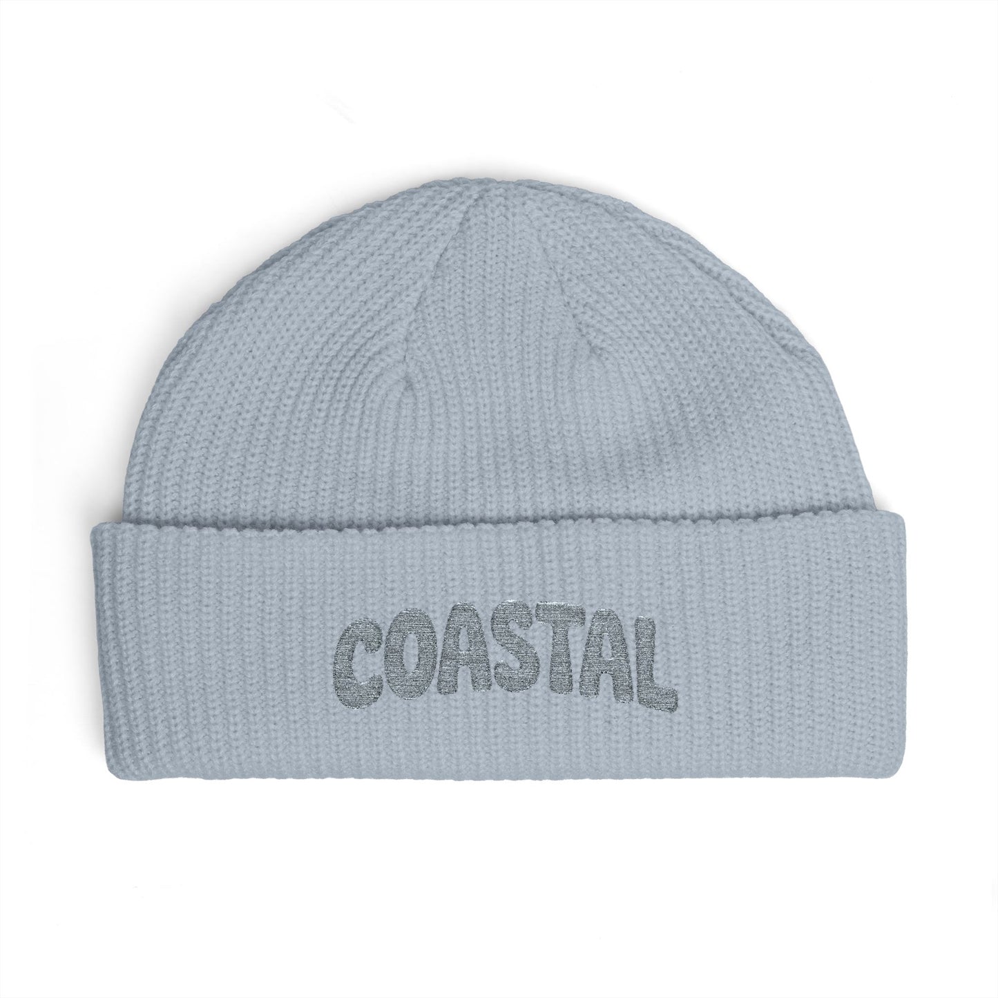Coastal Cuff Beanie — Knit Winter Hat with 'COASTAL' Embroidered Seaglass Script Hats Printify