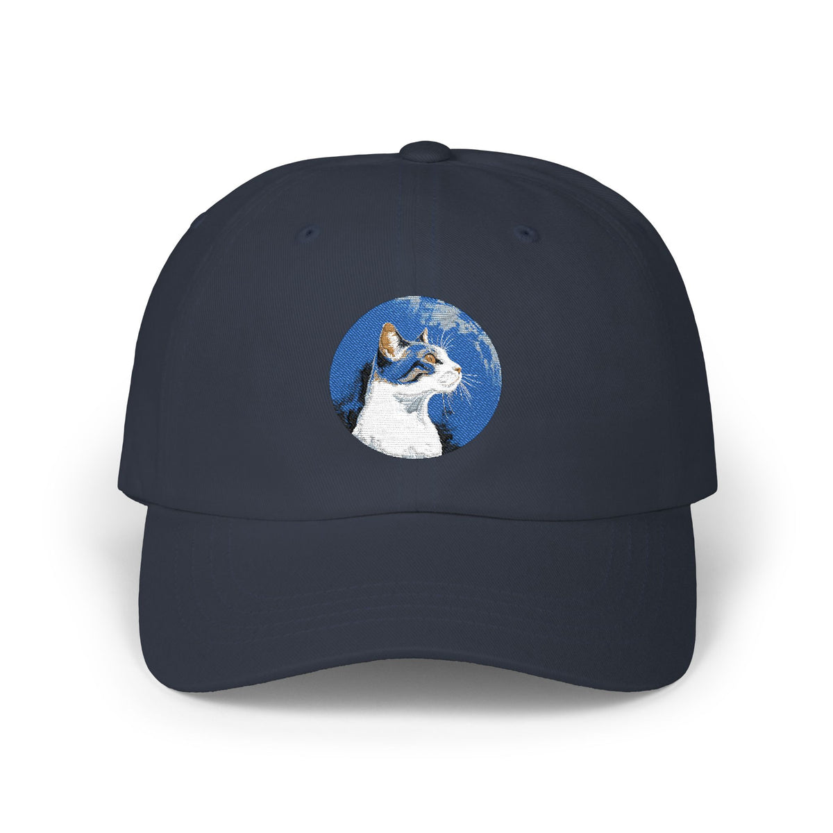 Dad Cap – White Embroidered Dog in Snow Patch Hat Hats Printify Navy One size