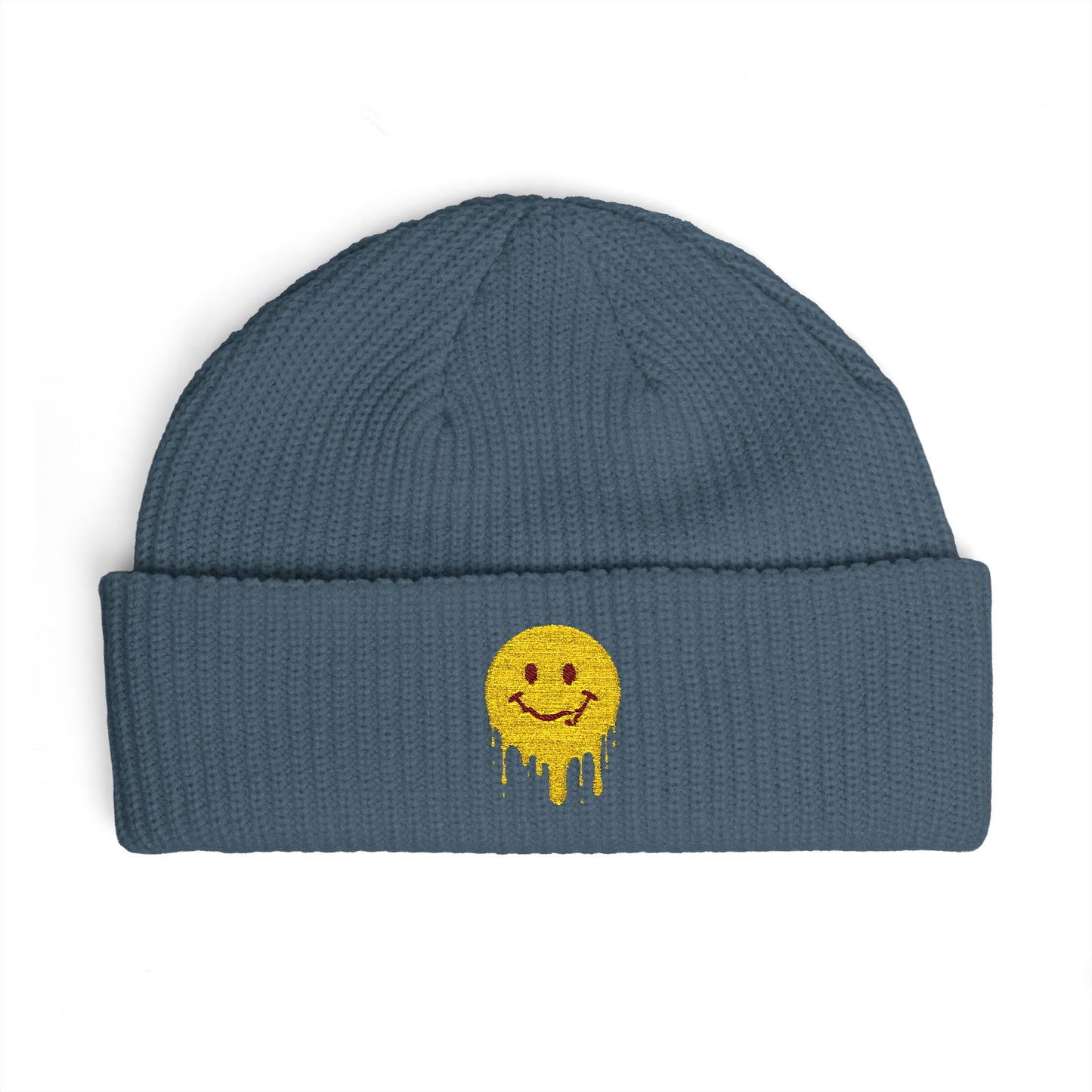 Dripping Smiley Cuff Beanie — Cozy Knit Hat with Yellow Drip Emoji Embroidery Hats Printify One size Petrol Blue