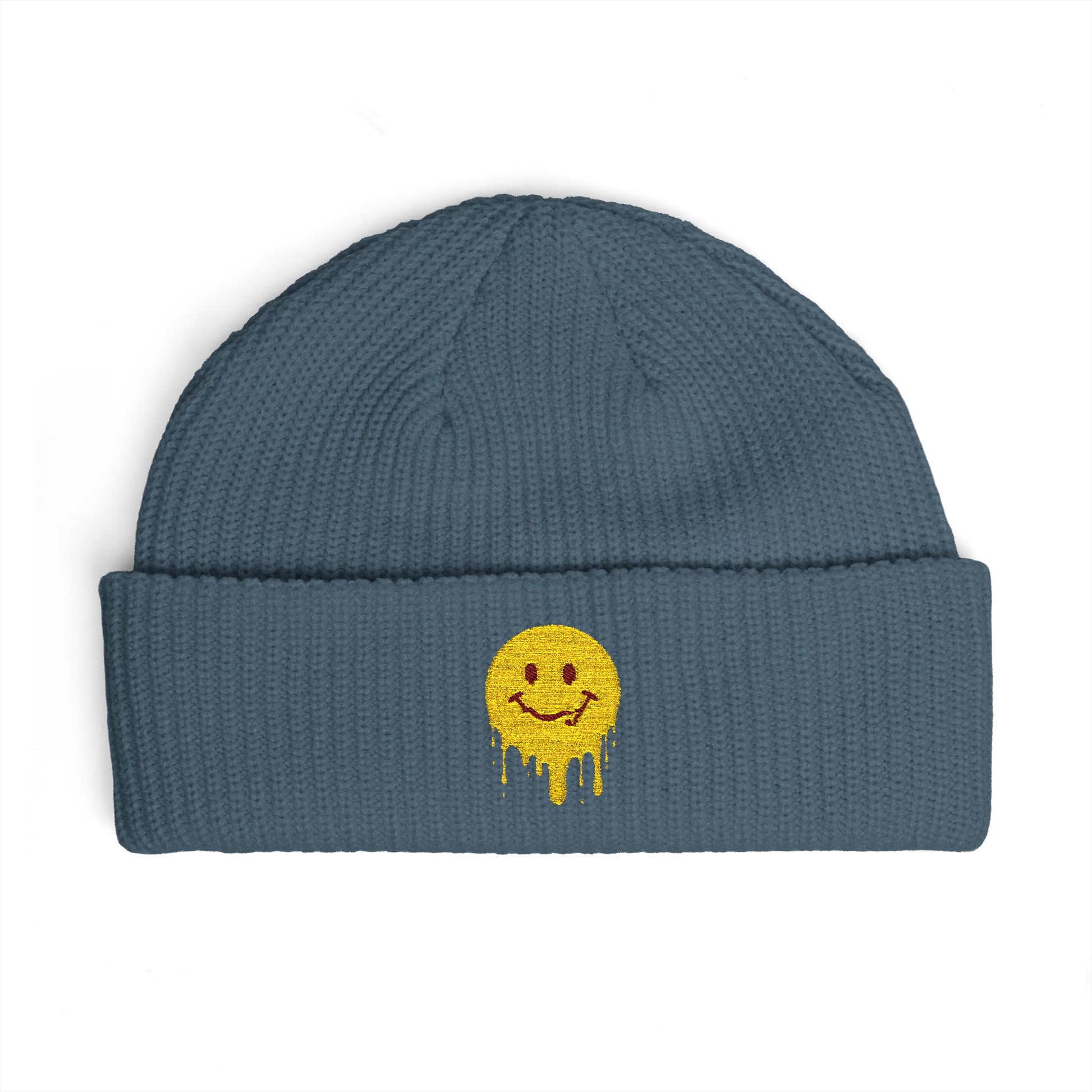 Dripping Smiley Cuff Beanie — Cozy Knit Hat with Yellow Drip Emoji Embroidery Hats Printify One size Petrol Blue