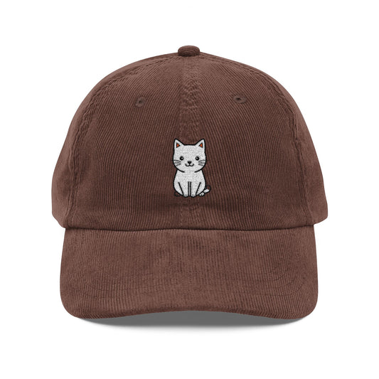 Embroidered Corduroy Cap — Cute White Puppy Patch, Vintage Baseball Hat Hats Printify Dark Brown One size