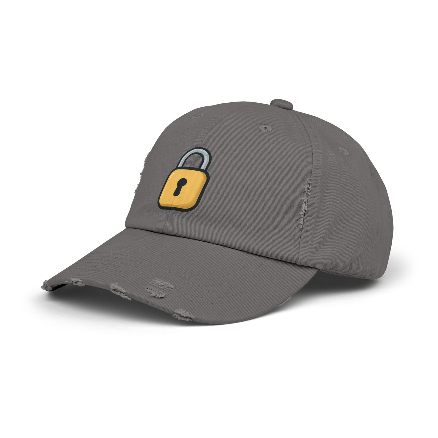 Padlock Distressed Cap — Minimal Lock Embroidered Baseball Hat Hats Printify