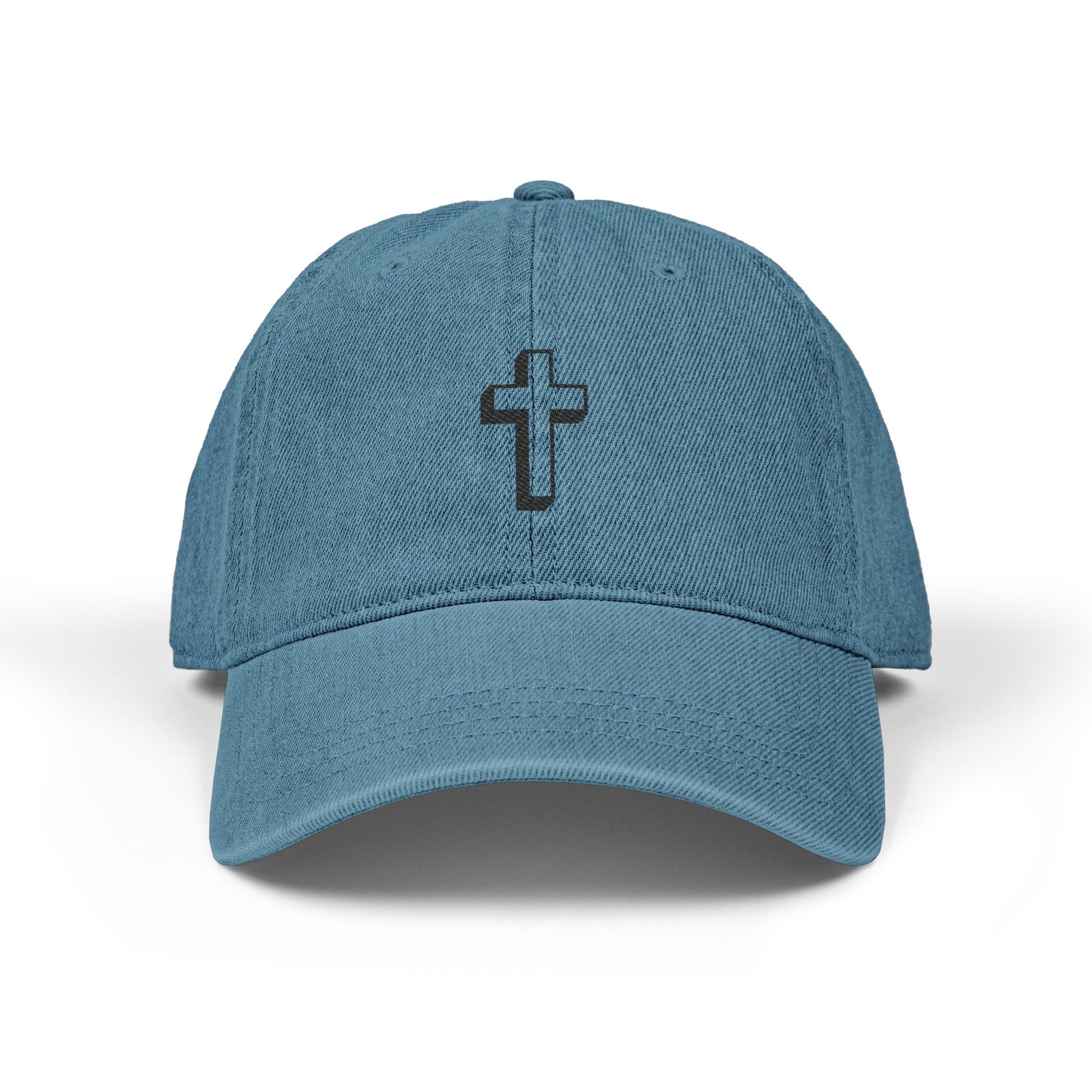 Embroidered Cross Denim Hat — Black Church Baseball Cap Hats Printify One size Blue