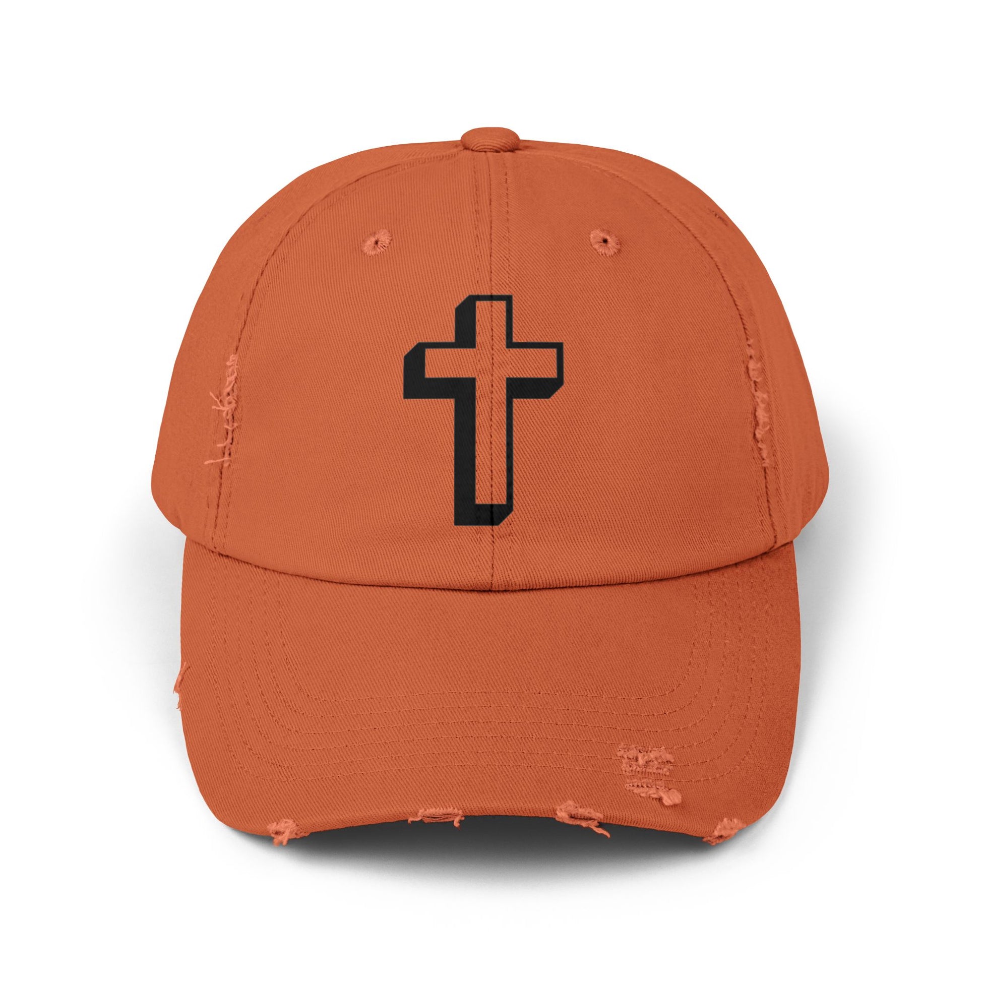 Distressed Black Cross Cap — Vintage Christian Baseball Hat Hats Printify Burnt Orange One size