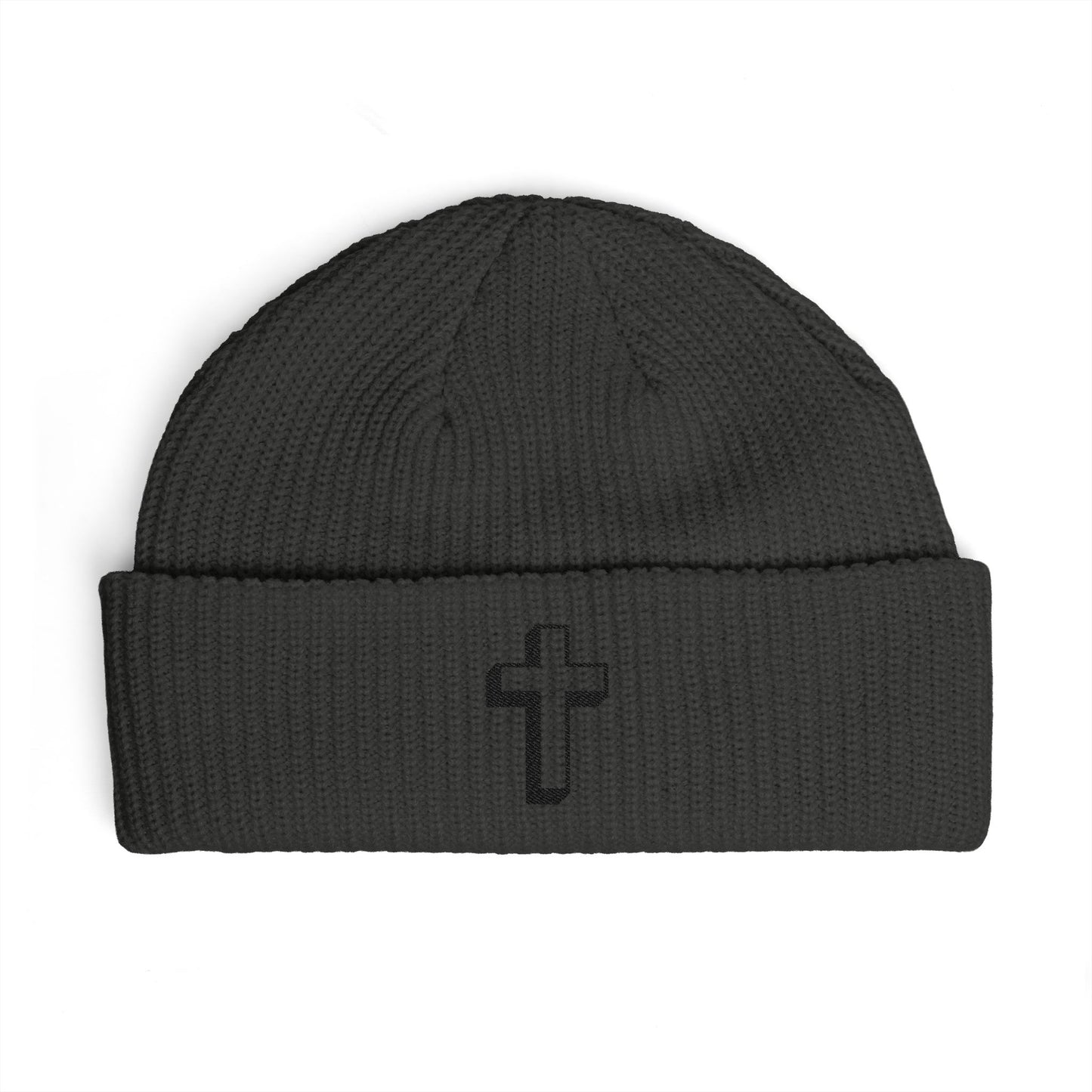 Embroidered Cross Cuff Beanie — Minimal Faith Knit Hat Hats Printify One size Coal