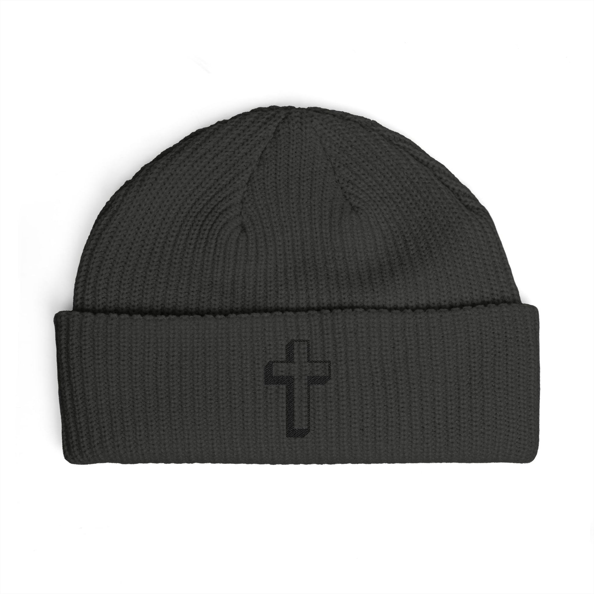 Embroidered Cross Cuff Beanie — Minimal Faith Knit Hat Hats Printify One size Coal
