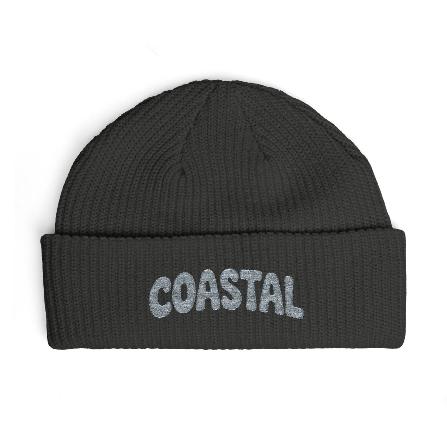 Coastal Cuff Beanie — Knit Winter Hat with 'COASTAL' Embroidered Seaglass Script Hats Printify One size Coal