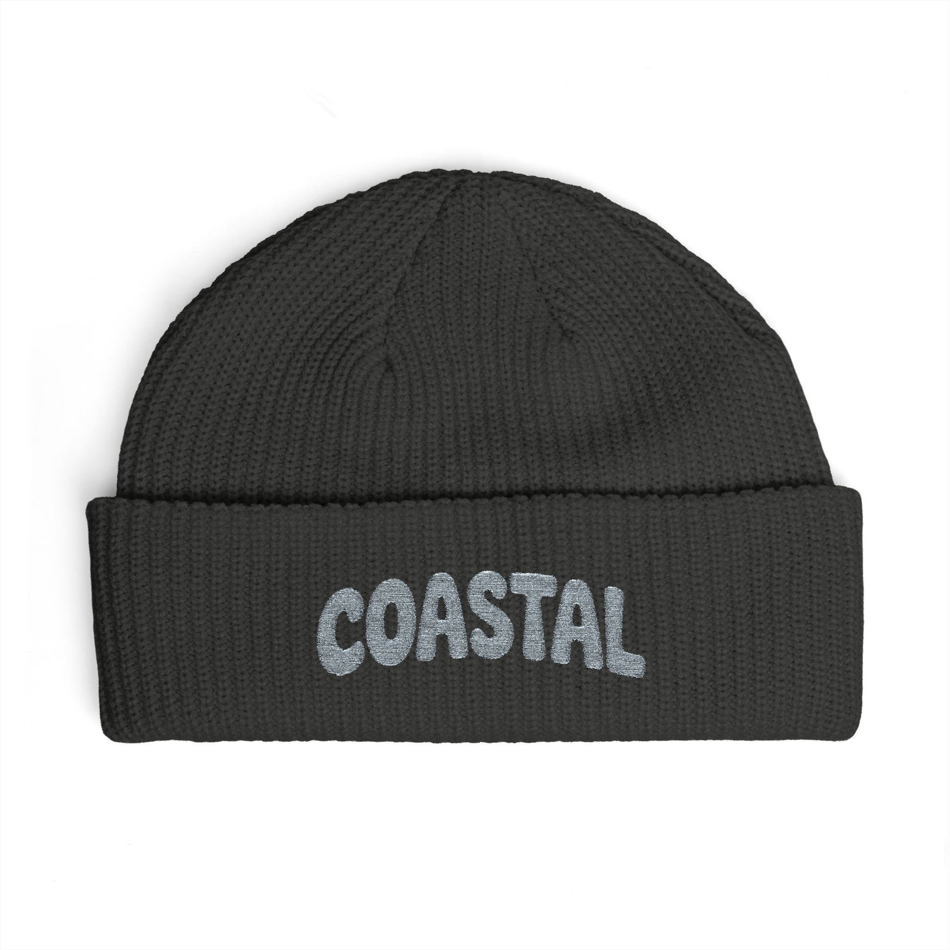 Coastal Cuff Beanie — Knit Winter Hat with 'COASTAL' Embroidered Seaglass Script Hats Printify One size Coal