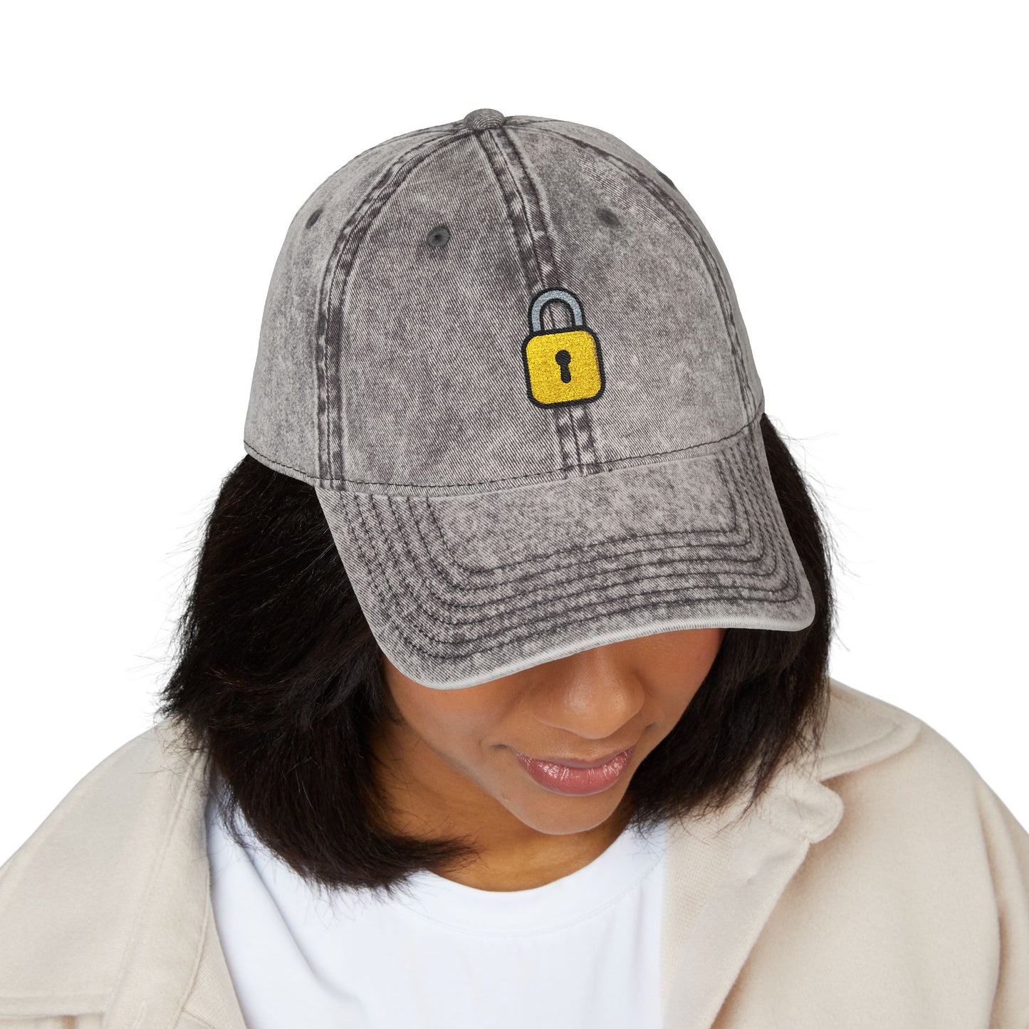 Embroidered Vintage Cap — Yellow Lock Patch Hat Hats Printify