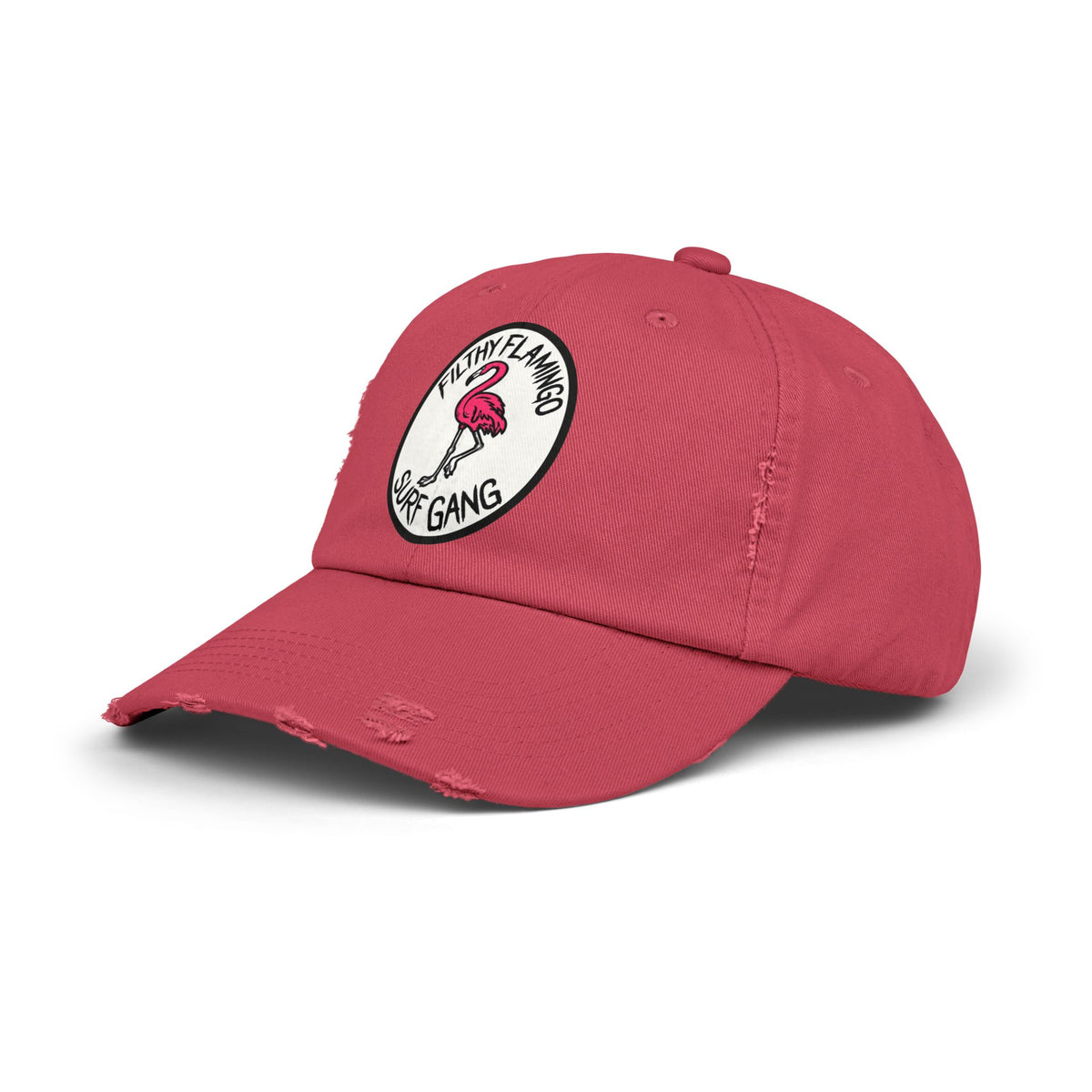 Distressed Surf Cap — "Filthy Flamingo Surf Gang" Embroidered Patch Hat