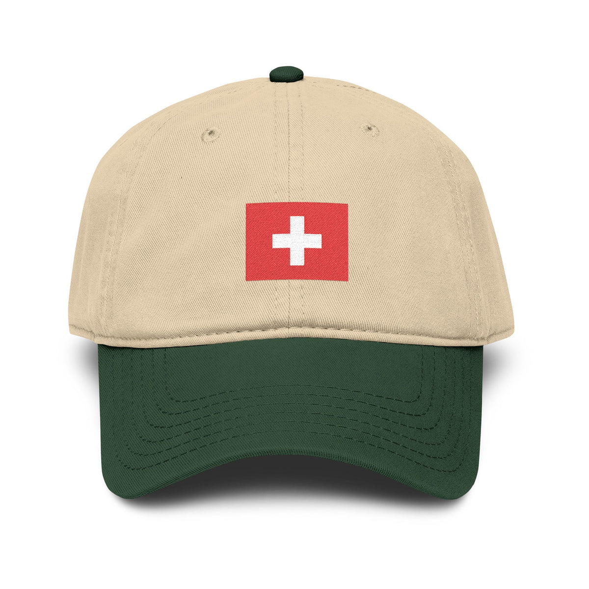 Swiss Cross Washed Baseball Cap - Embroidered Red Flag Logo Hats Printify One size Dark Green / Khaki