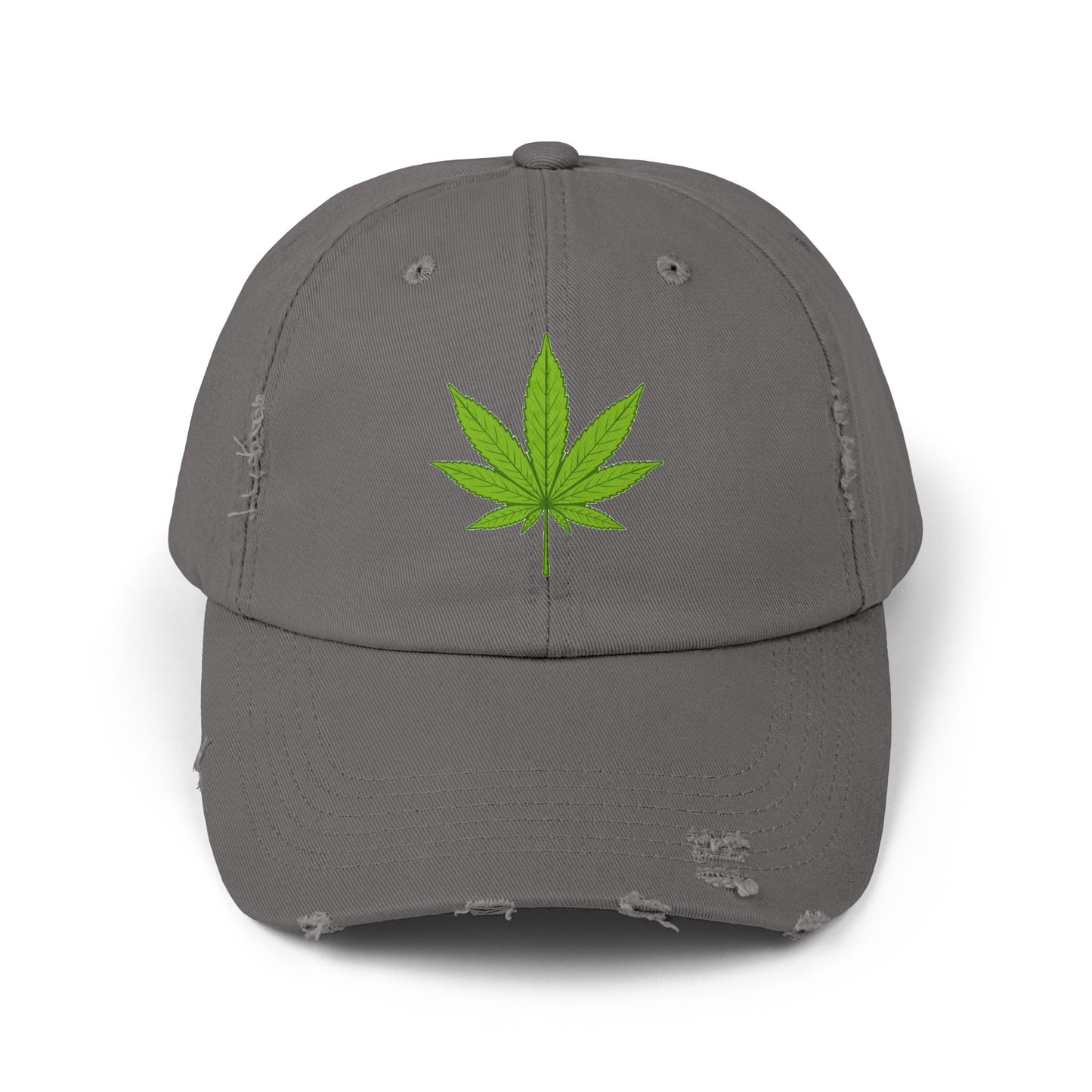 Distressed Black Cap with Green Cannabis Leaf Embroidery Hats Printify Nickel One size