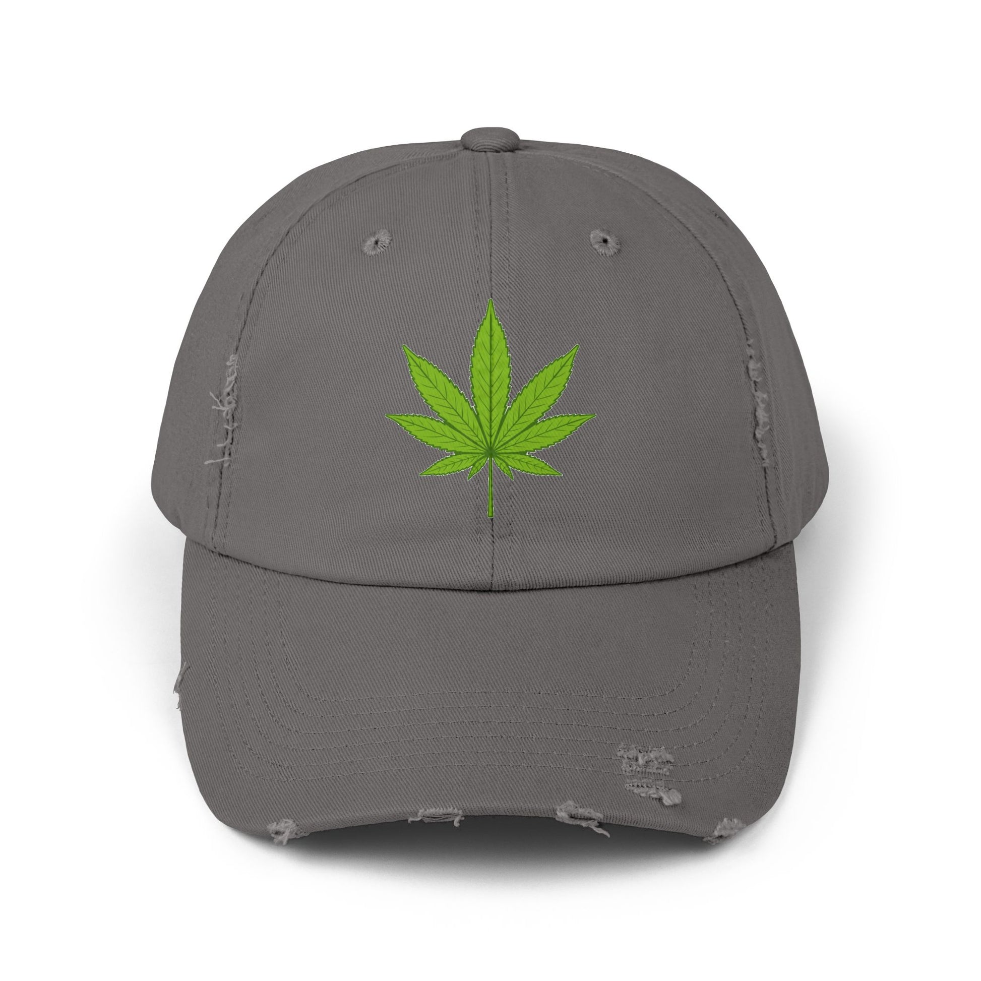 Distressed Black Cap with Green Cannabis Leaf Embroidery Hats Printify Nickel One size
